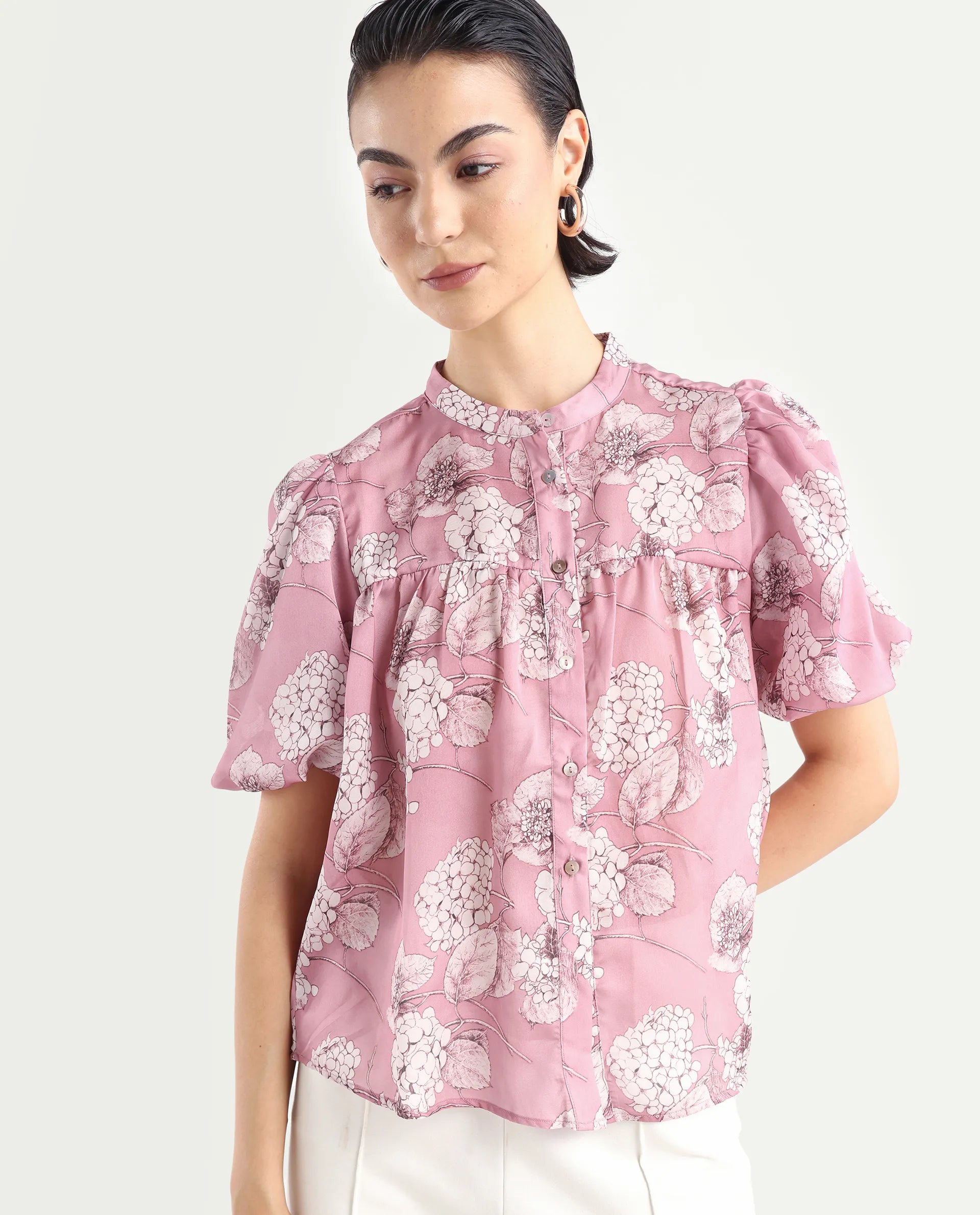 Rareism Women's Turino Dusky Pink Polyester Mandarin Collar Floral Print Balloon Sleeve Regular Fit Top