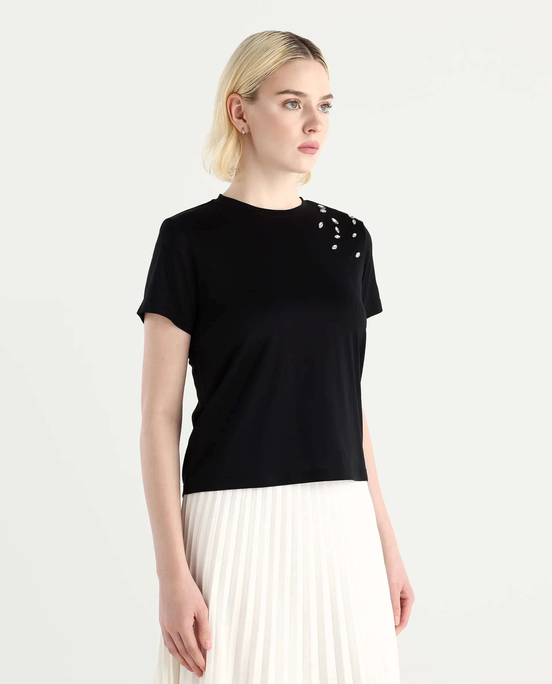 Rareism Women's Twen Black Cotton Crew Neck Regular Fit Printed T-Shirt