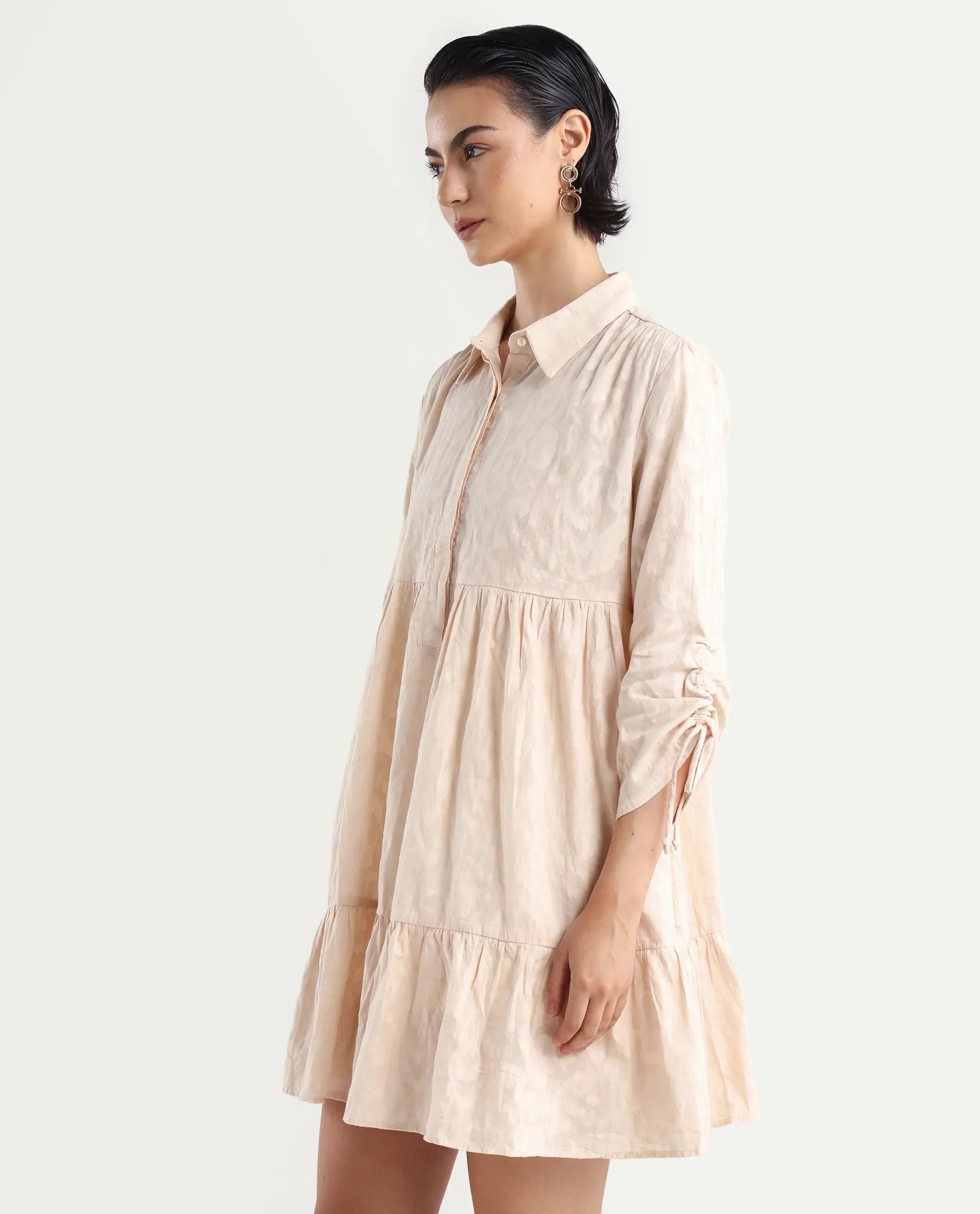 Rareism Women's Tyra Beige Cotton Spread Collar Printed Mini Relaxed Fit Dress