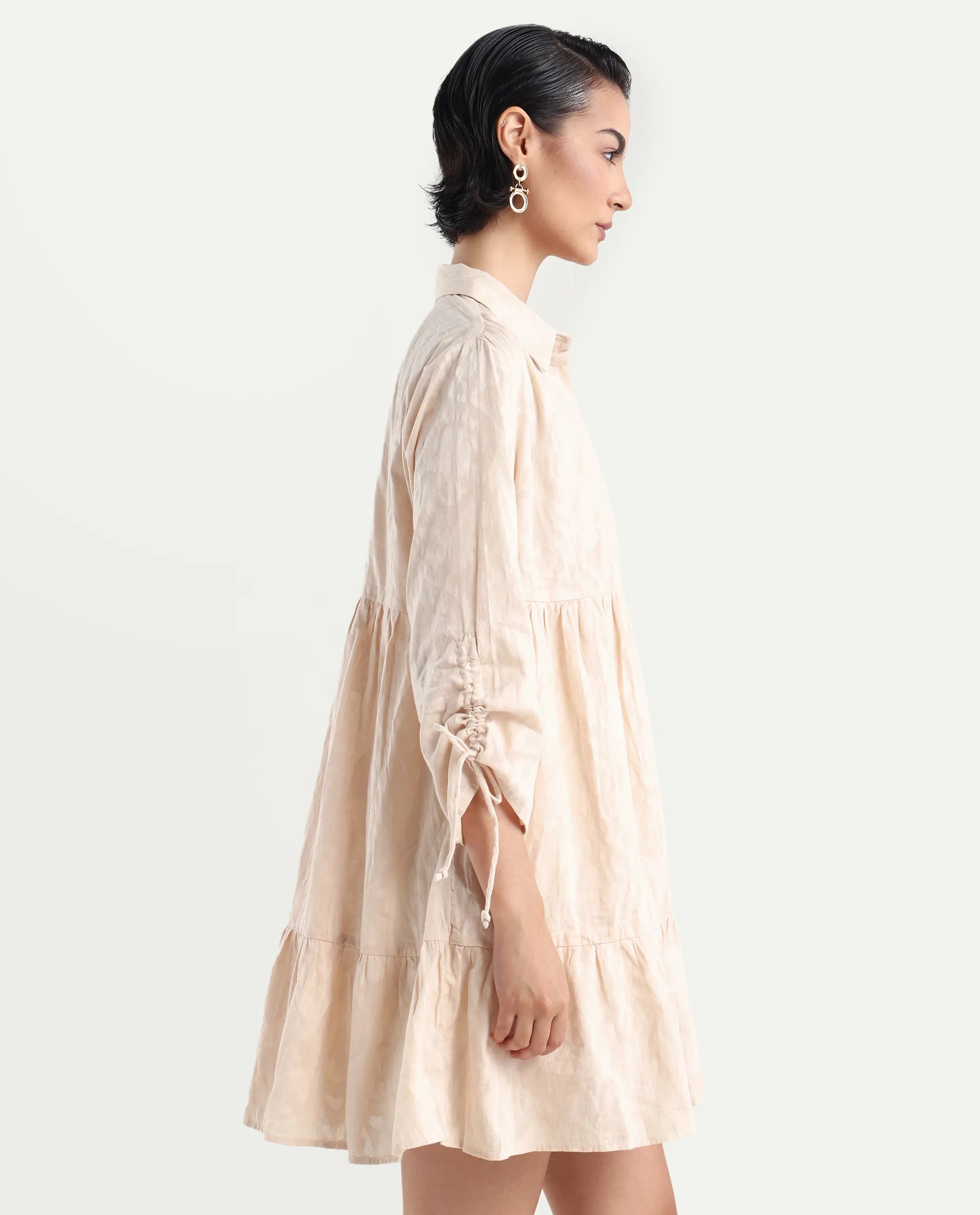 Rareism Women's Tyra Beige Cotton Spread Collar Printed Mini Relaxed Fit Dress