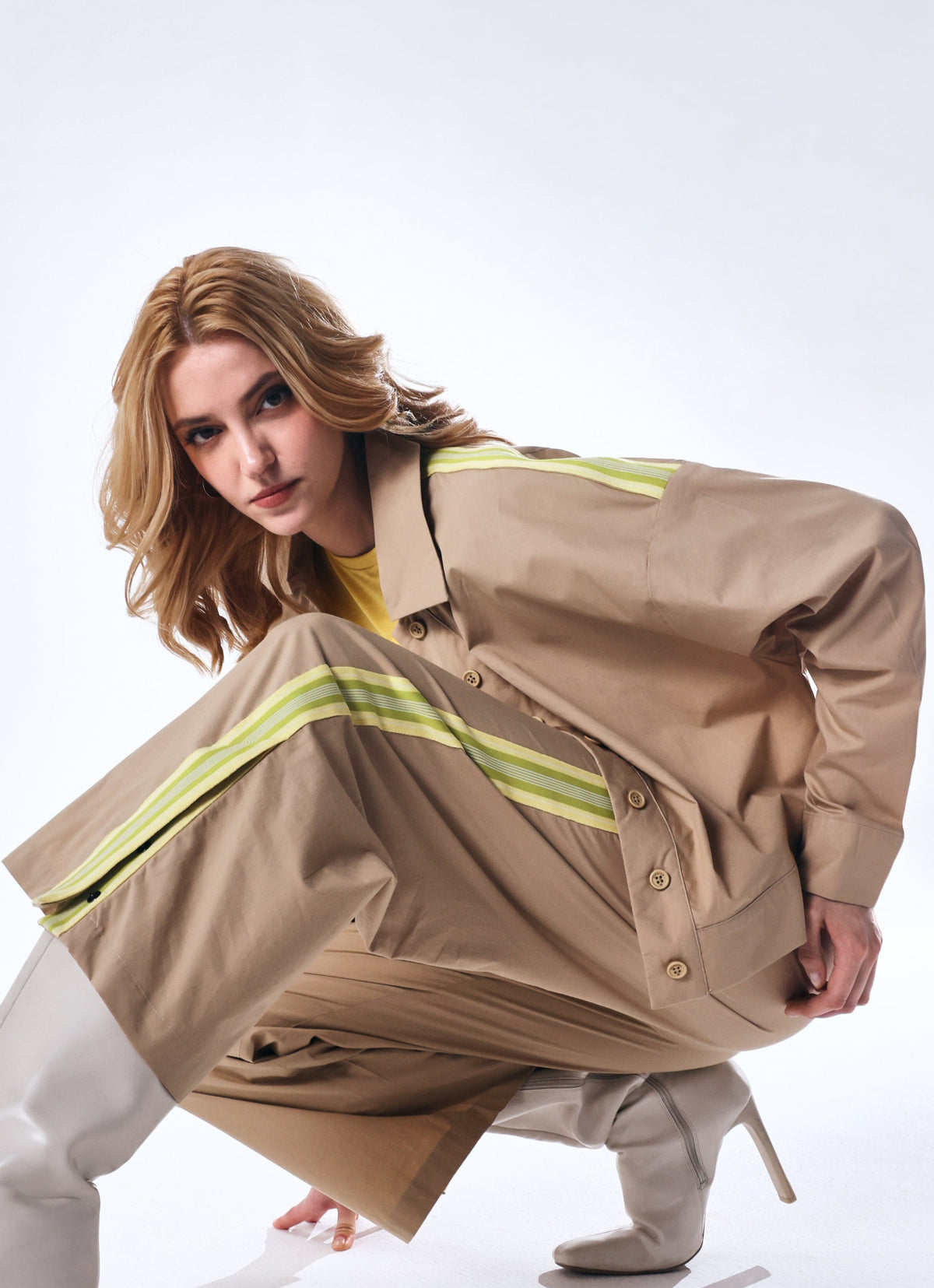 Rareism Women's Nocam S Beige Cotton Spread Collar Plain Cuffed Sleeve Relaxed Fit Shirt