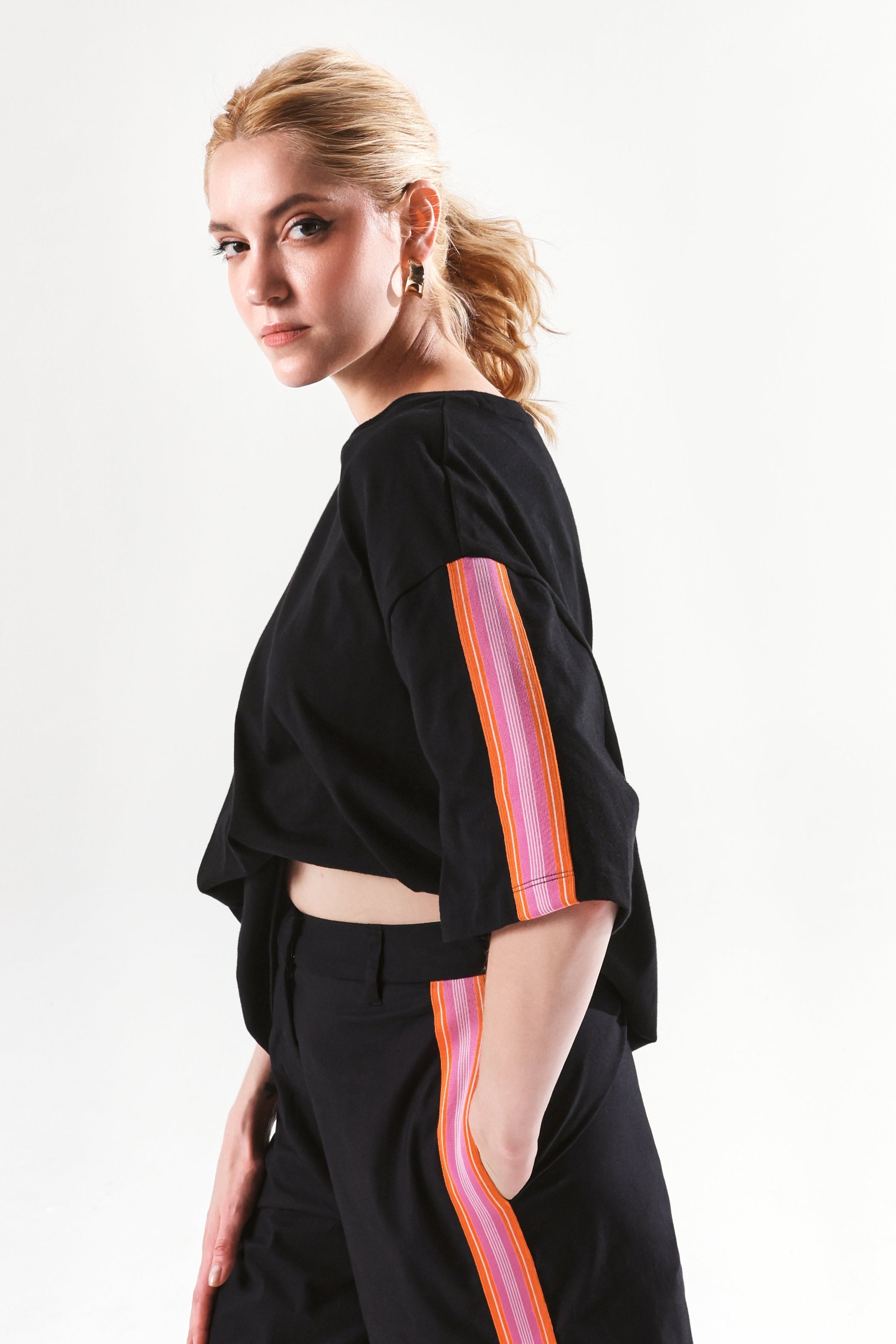 Rareism Women's Nonwen T Black Polyester Blend Crew Neck Striped Oversized T-Shirt Oversize