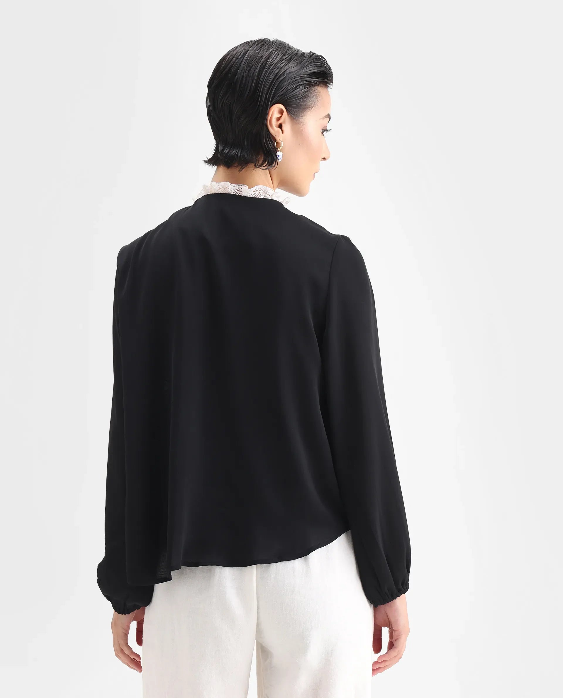 Rareism Women's Ubik Black Polyester Blend Crew Neck Plain Bishop Sleeve Regular Fit Top