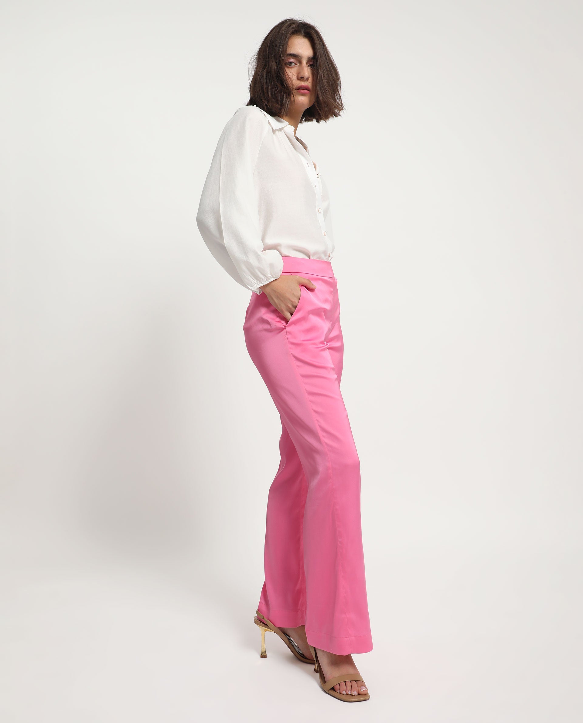Rareism Women's Ucher Pink Polyester Plain Ankle Length Relaxed Fit Trouser