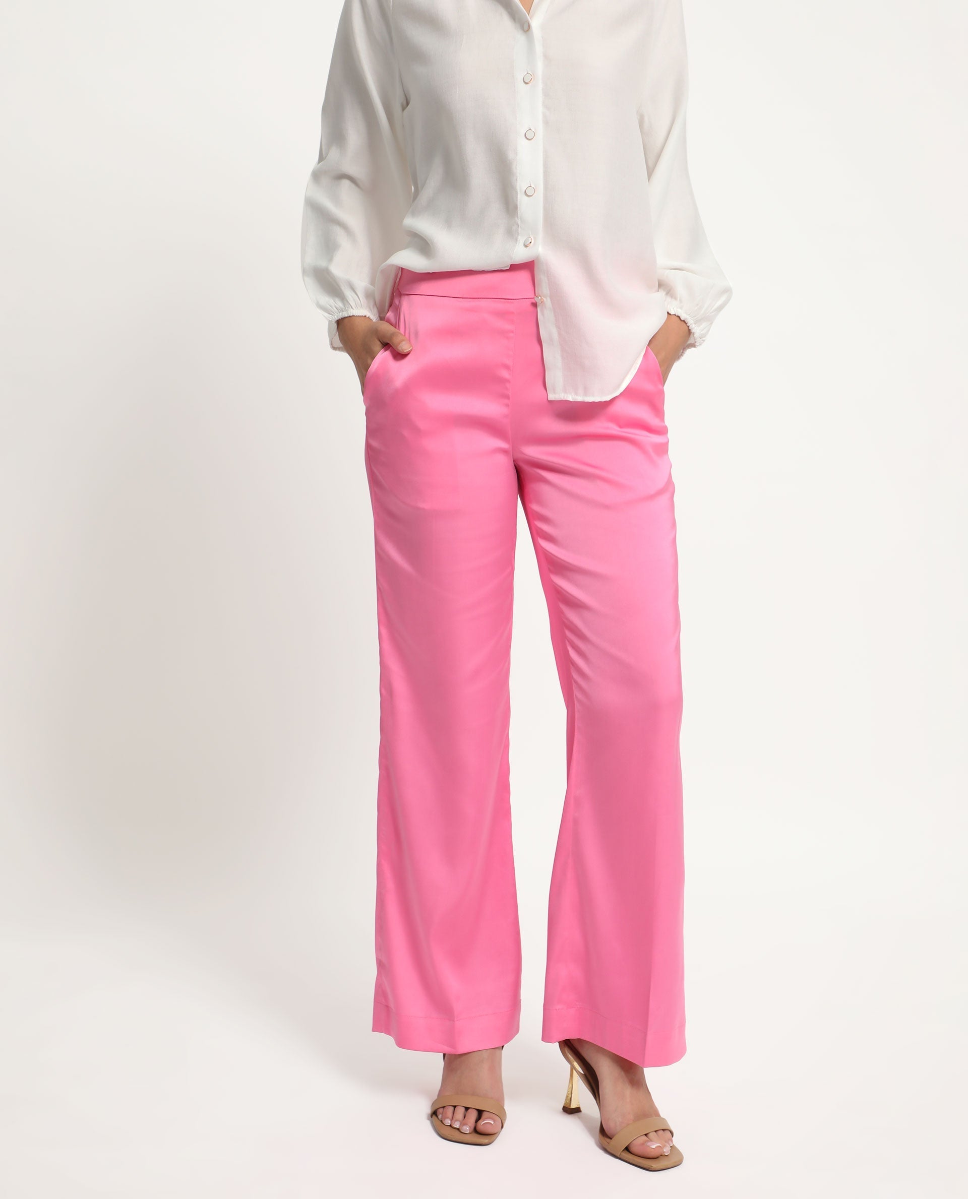 Rareism Women's Ucher Pink Polyester Plain Ankle Length Relaxed Fit Trouser