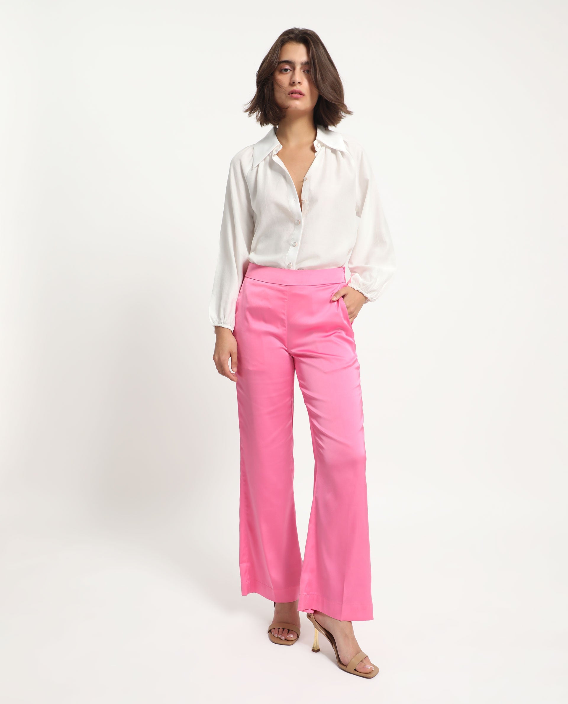 Rareism Women's Ucher Pink Polyester Plain Ankle Length Relaxed Fit Trouser