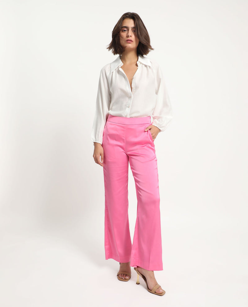 Rareism Women Ucher Pink Polyester Fabric Zip Closure Relaxed Fit Plain Ankle Length Trousers