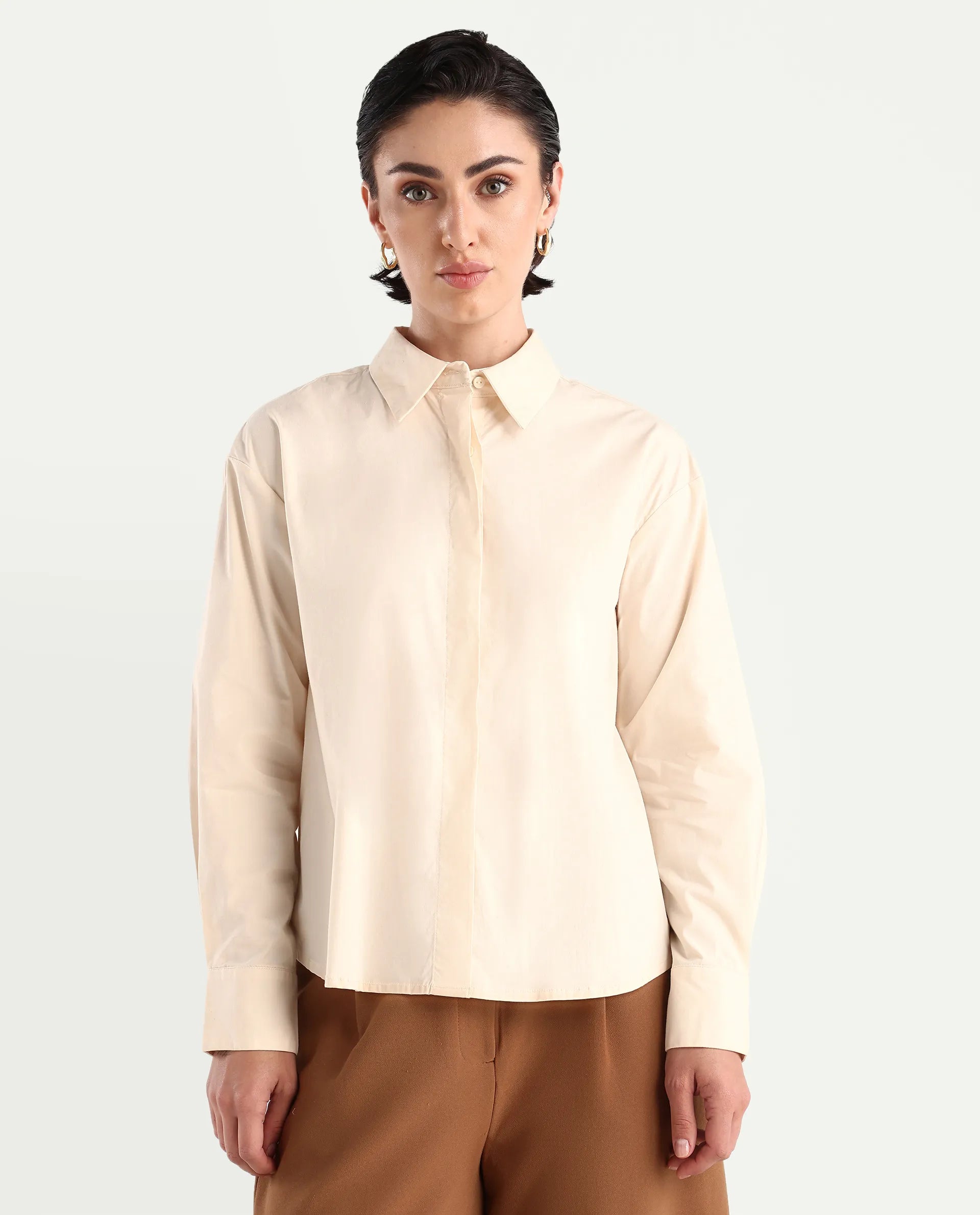 Rareism Women's Uiko Beige Cotton Blend Spread Collar Plain Cuffed Sleeve Regular Fit Shirt