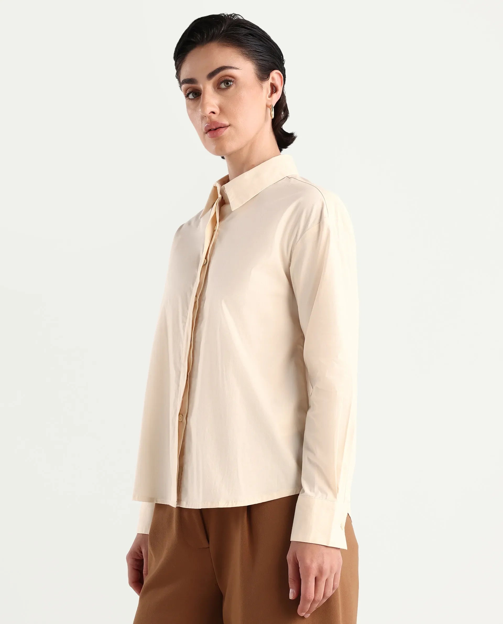 Rareism Women's Uiko Beige Cotton Blend Spread Collar Plain Cuffed Sleeve Regular Fit Shirt
