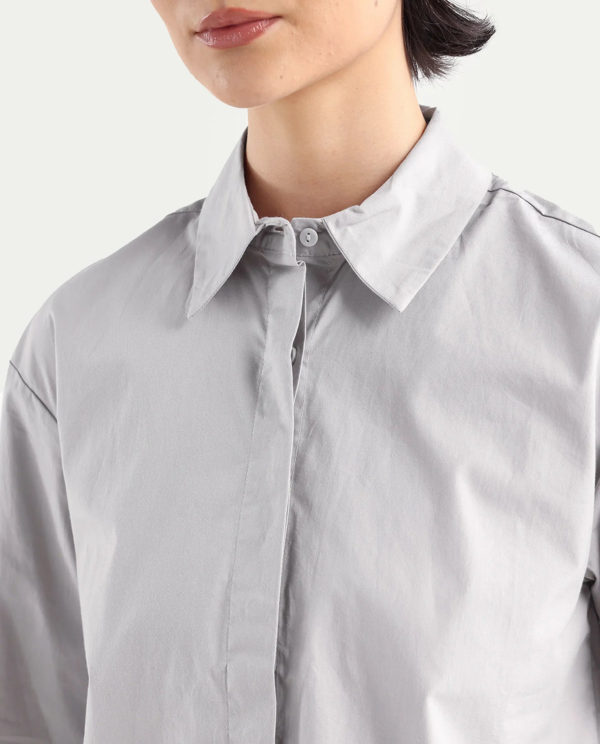 Rareism Women's Uiko Grey Cotton Drop Collar Plain Cuffed Sleeve Regular Fit Shirt