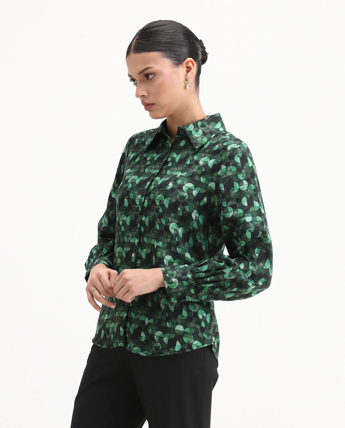 Rareism Women's Unio Dark Green Polyester Drop Collar Geometric Print Cuffed Sleeve Regular Fit Shirt