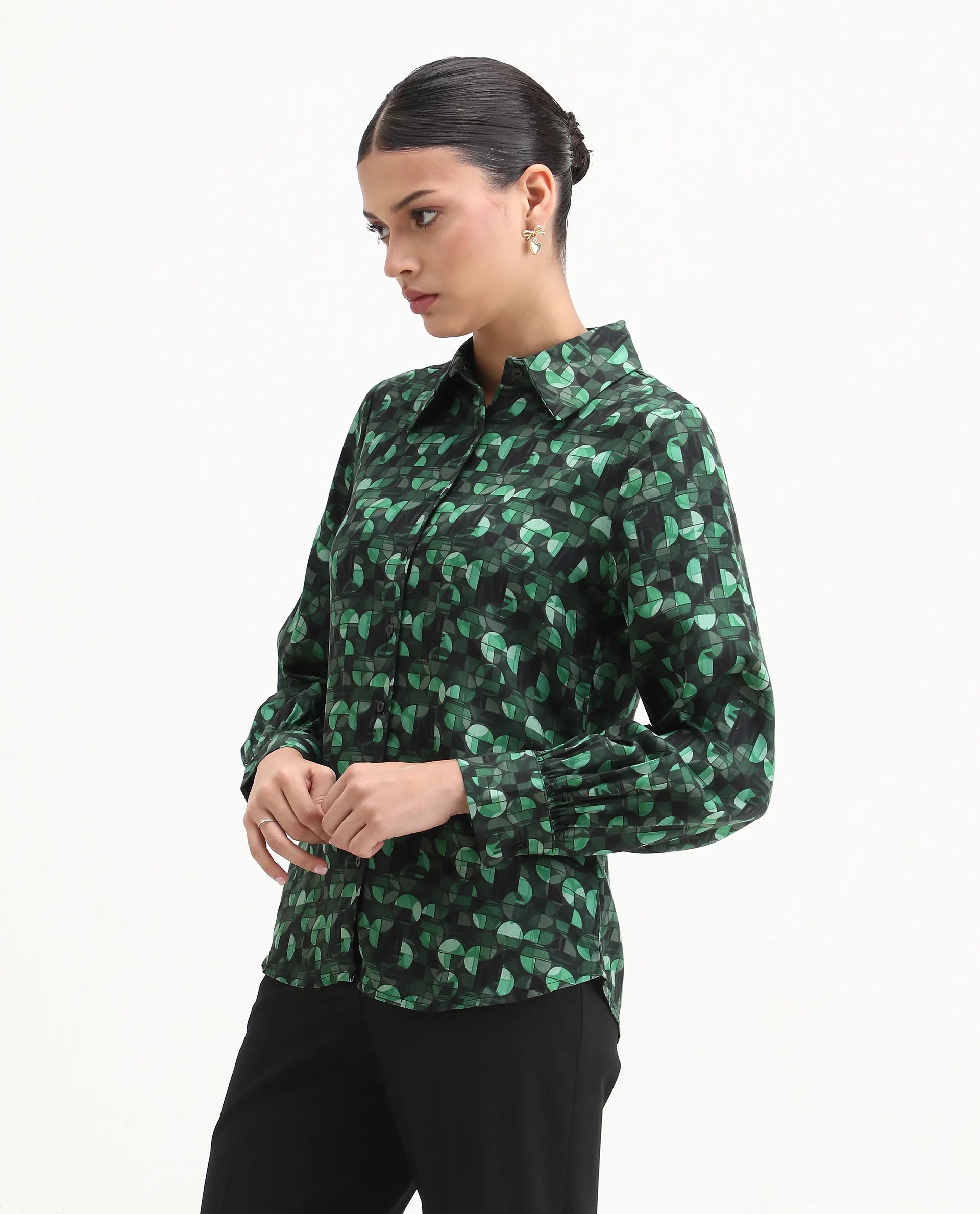 Rareism Women's Unio Dark Green Polyester Drop Collar Geometric Print Cuffed Sleeve Regular Fit Shirt