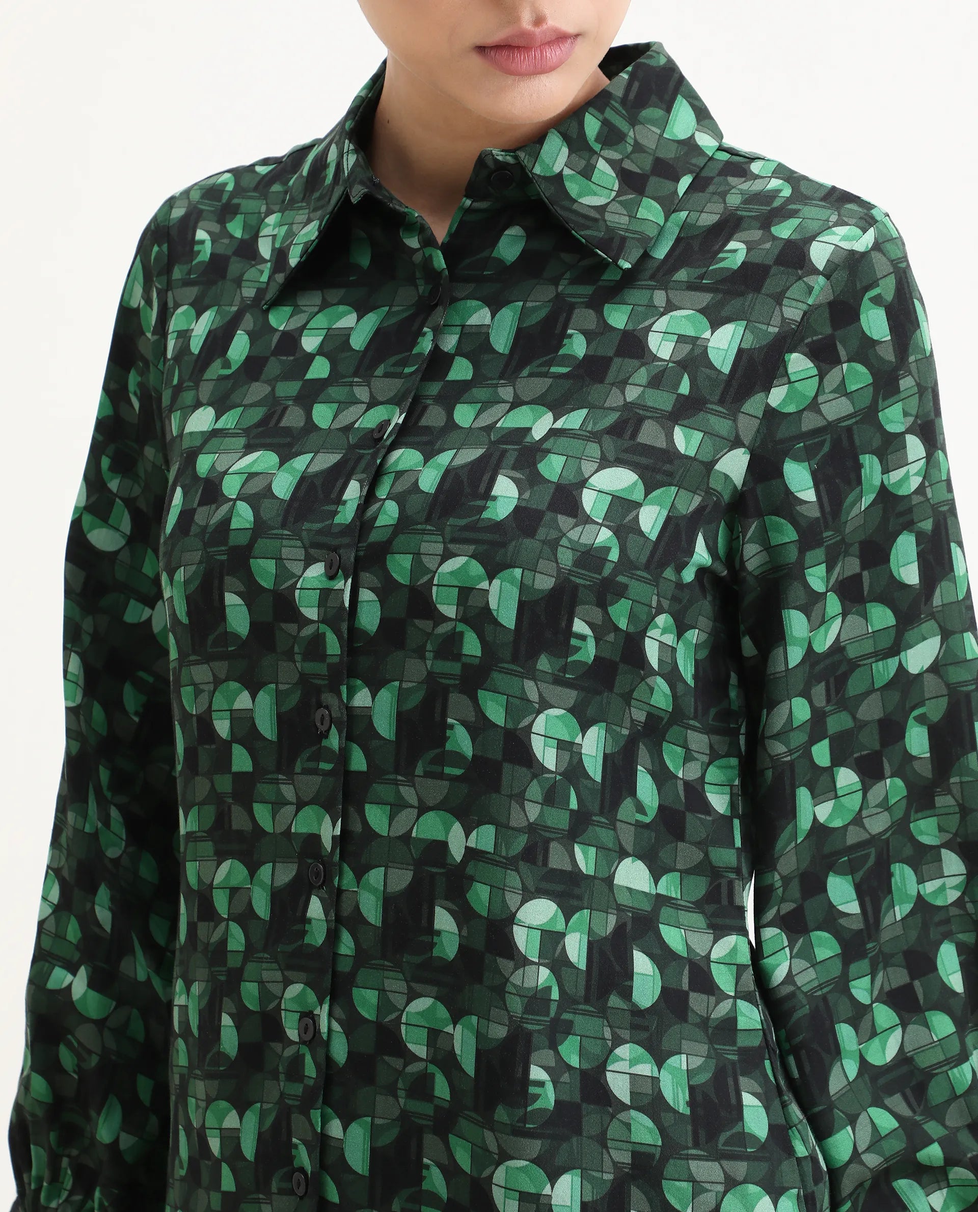 Rareism Women's Unio Dark Green Polyester Drop Collar Geometric Print Cuffed Sleeve Regular Fit Shirt