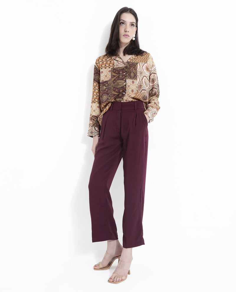 Rareism Women Urap Dark Maroon  Straight Fit Ankle Length Plain Trouser