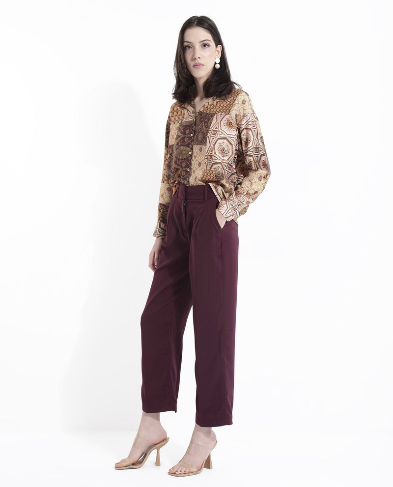 Rareism Women Urap Dark Maroon  Straight Fit Ankle Length Plain Trouser