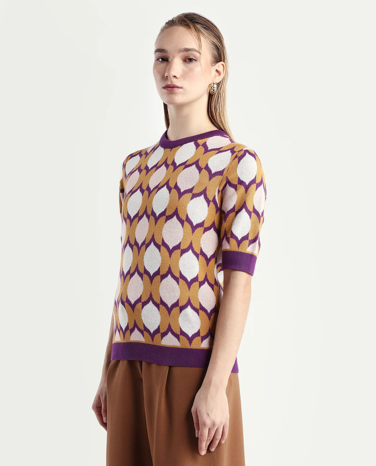 Rareism Women's Ursha Multi Cotton Crew Neck Geometric Print Regular Fit Top