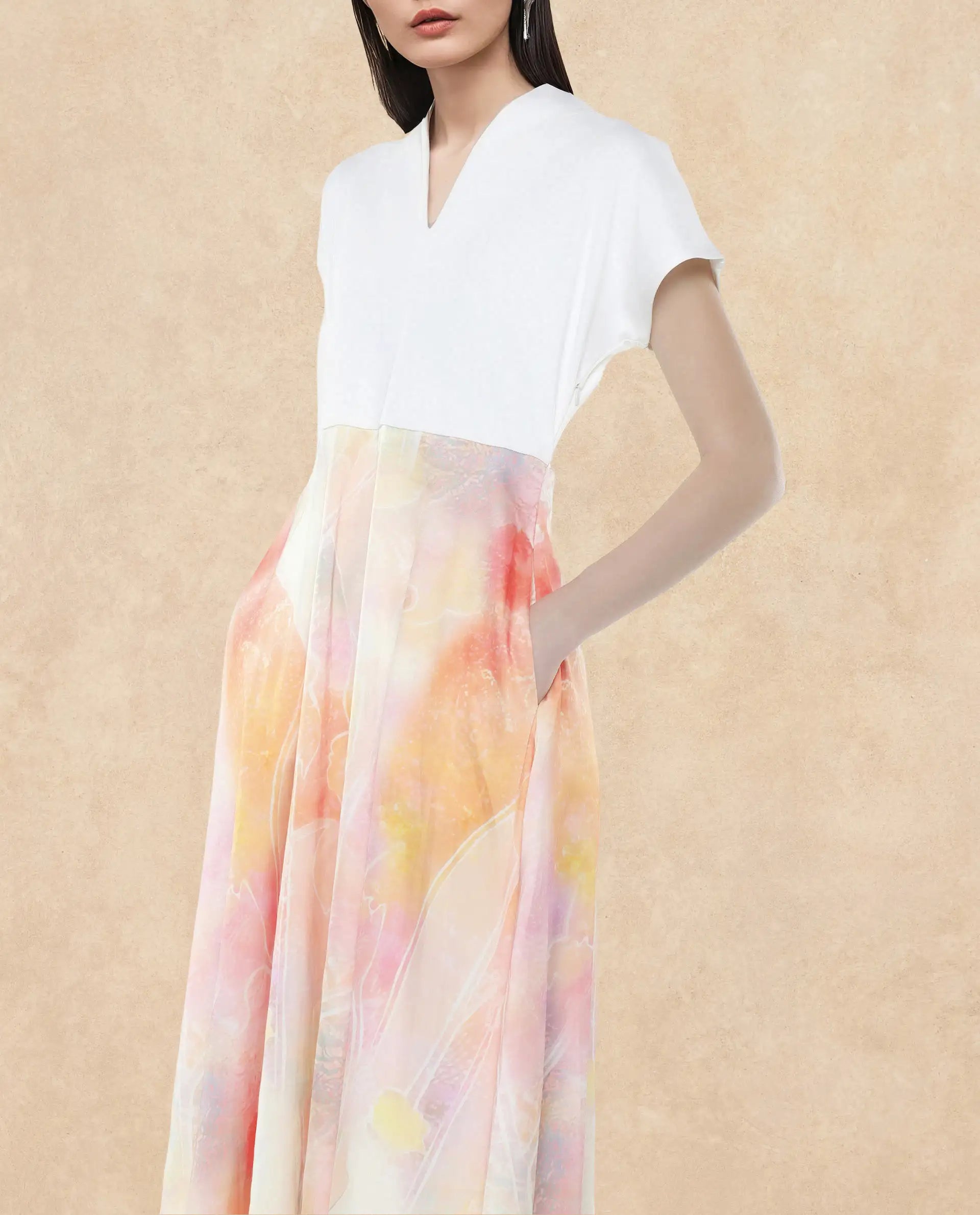 Rareism Women's Usoppin Multi Polyester Built-Up Neck Abstract Print Extended Sleeves Midi Fit And Flare Dress