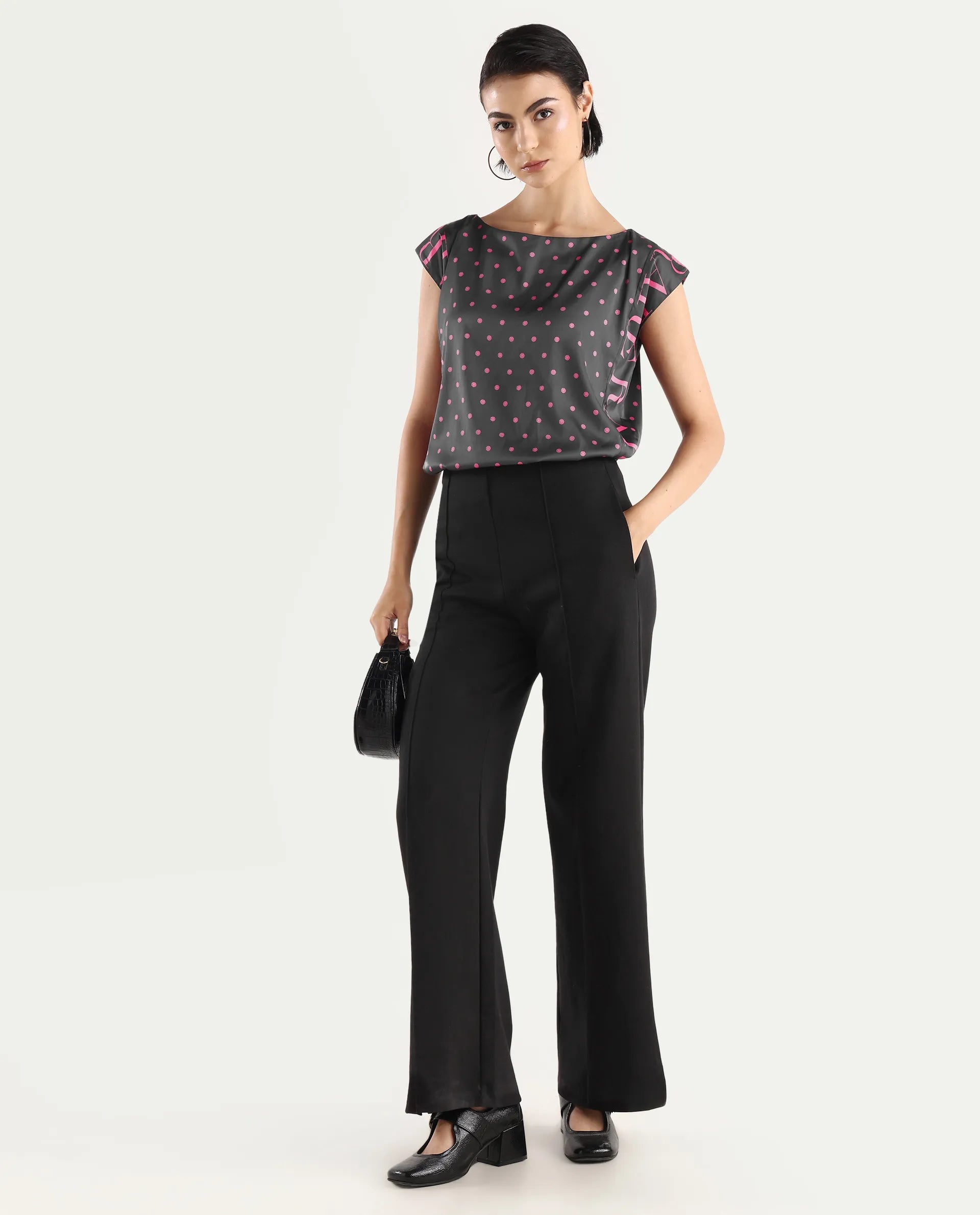 Rareism Women's Utkco Dark Grey Polyester Boat Neck Polka Print Extended Sleeves Regular Fit Top