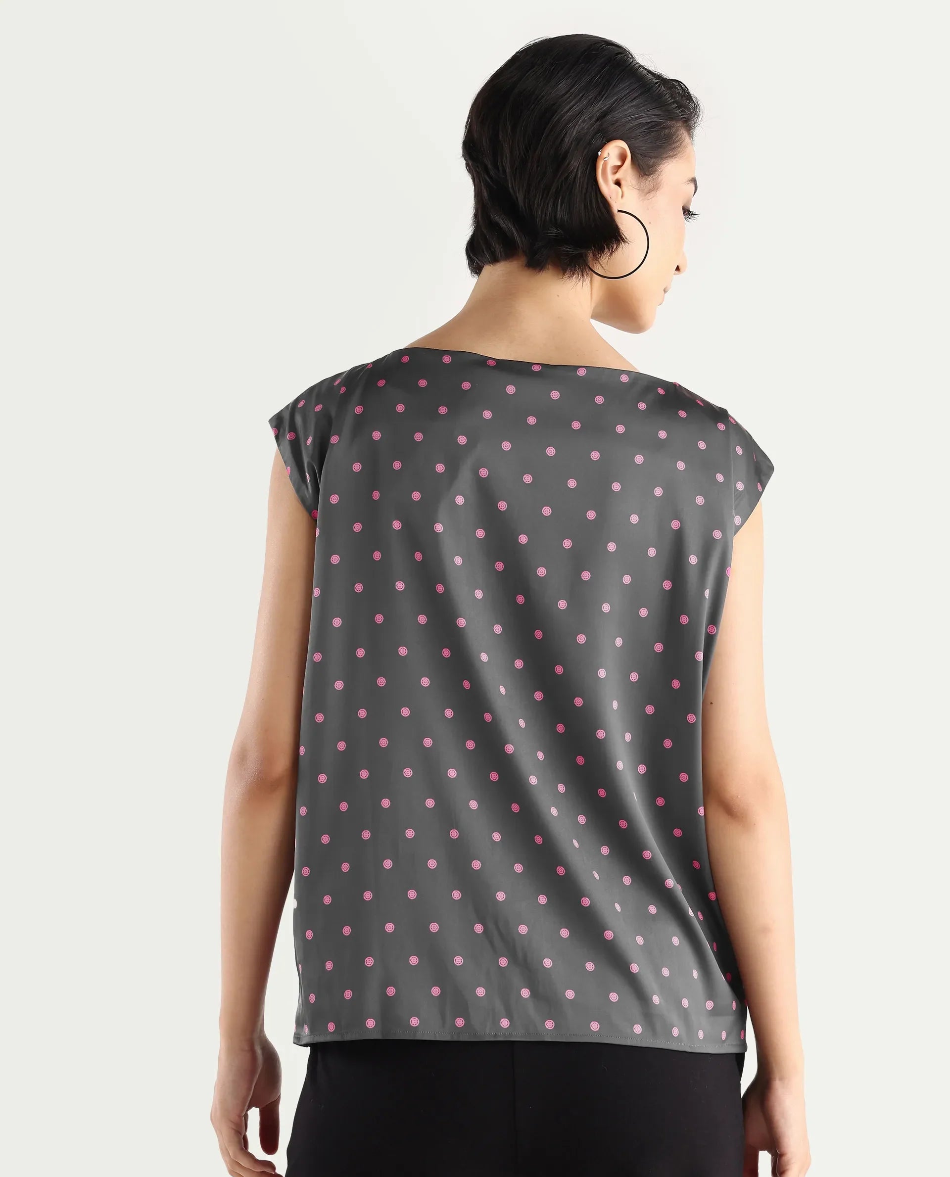 Rareism Women's Utkco Dark Grey Polyester Boat Neck Polka Print Extended Sleeves Regular Fit Top