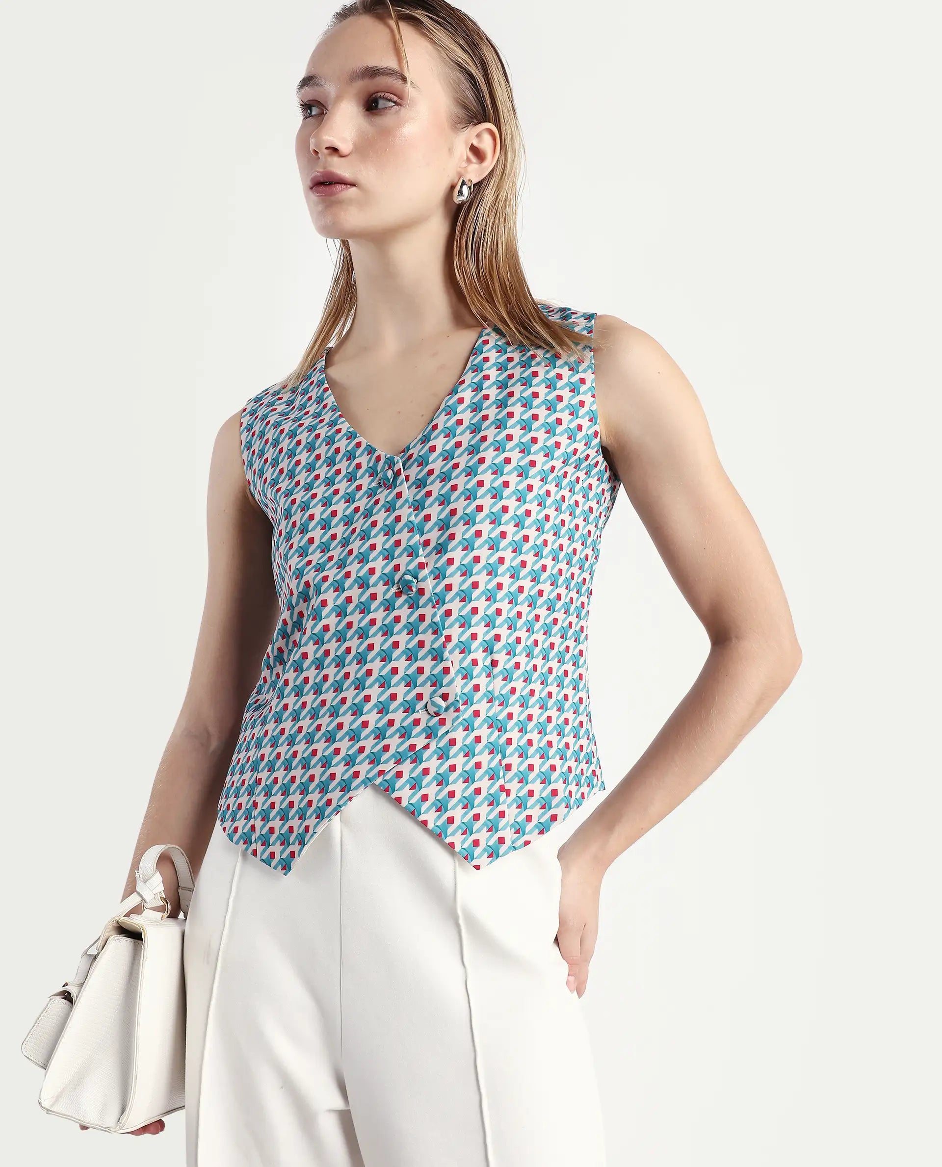 Rareism Women's Utkil Multi Polyester V-Neck Houndstooth Print Sleeveless Crop Regular Fit Top