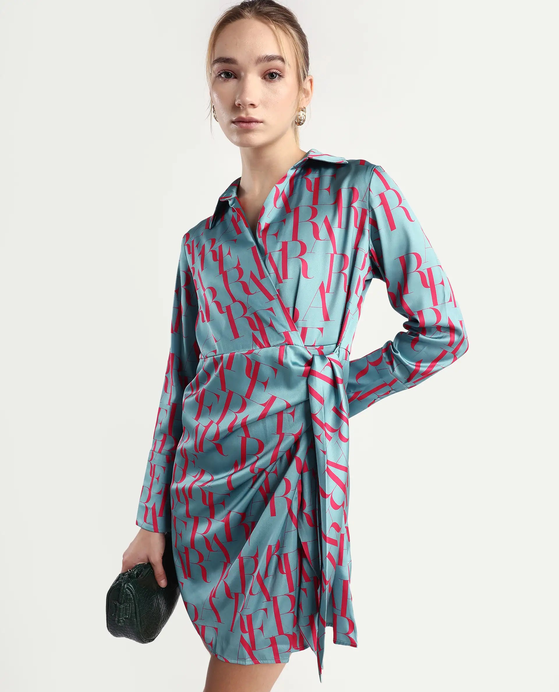 Rareism Women's Utklala Green Polyester Overlap Neck Monogram Print Cuffed Sleeve Mini Wrap Dress