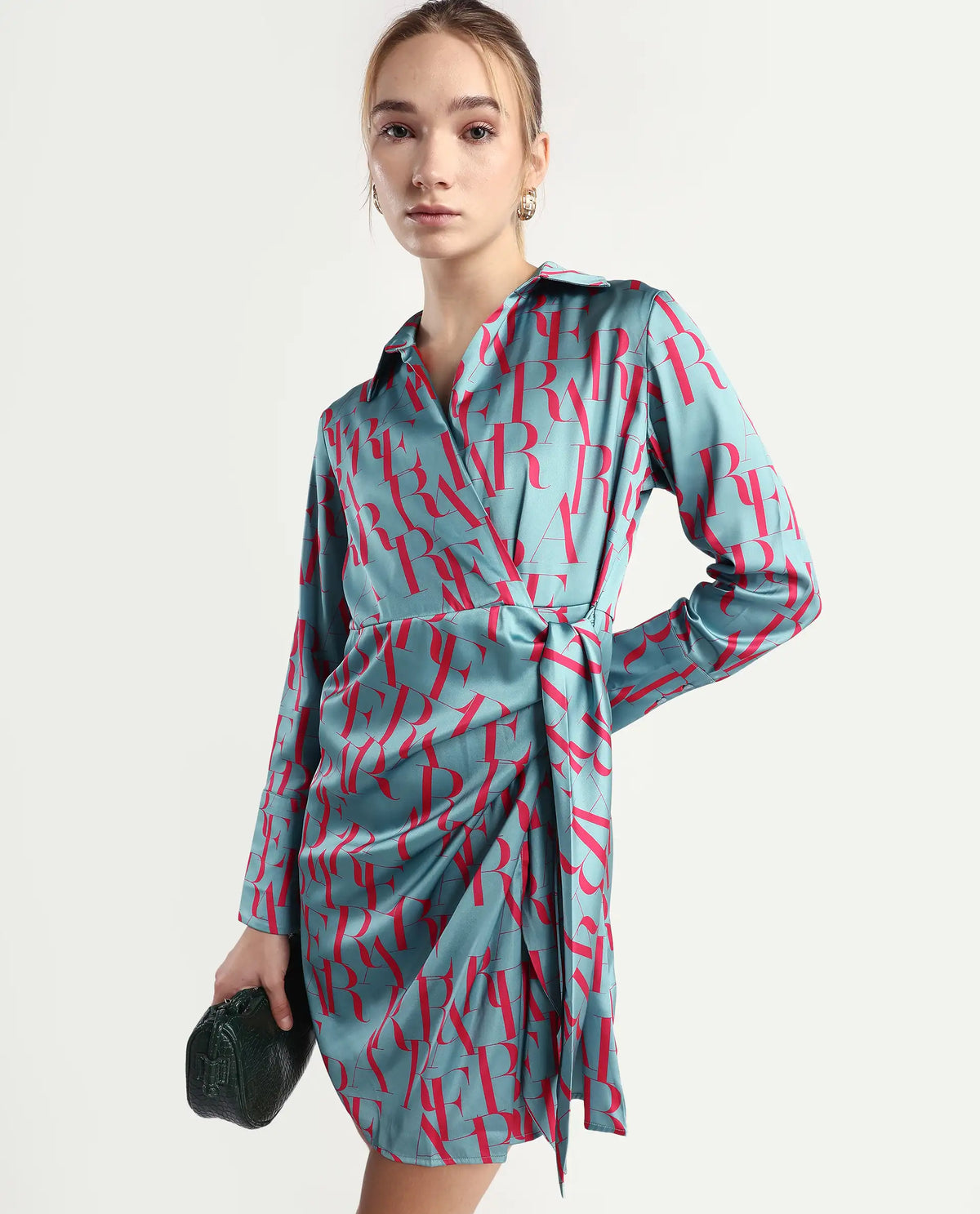 Rareism Women's Utklala Green Polyester Overlap Neck Monogram Print Cuffed Sleeve Mini Wrap Dress