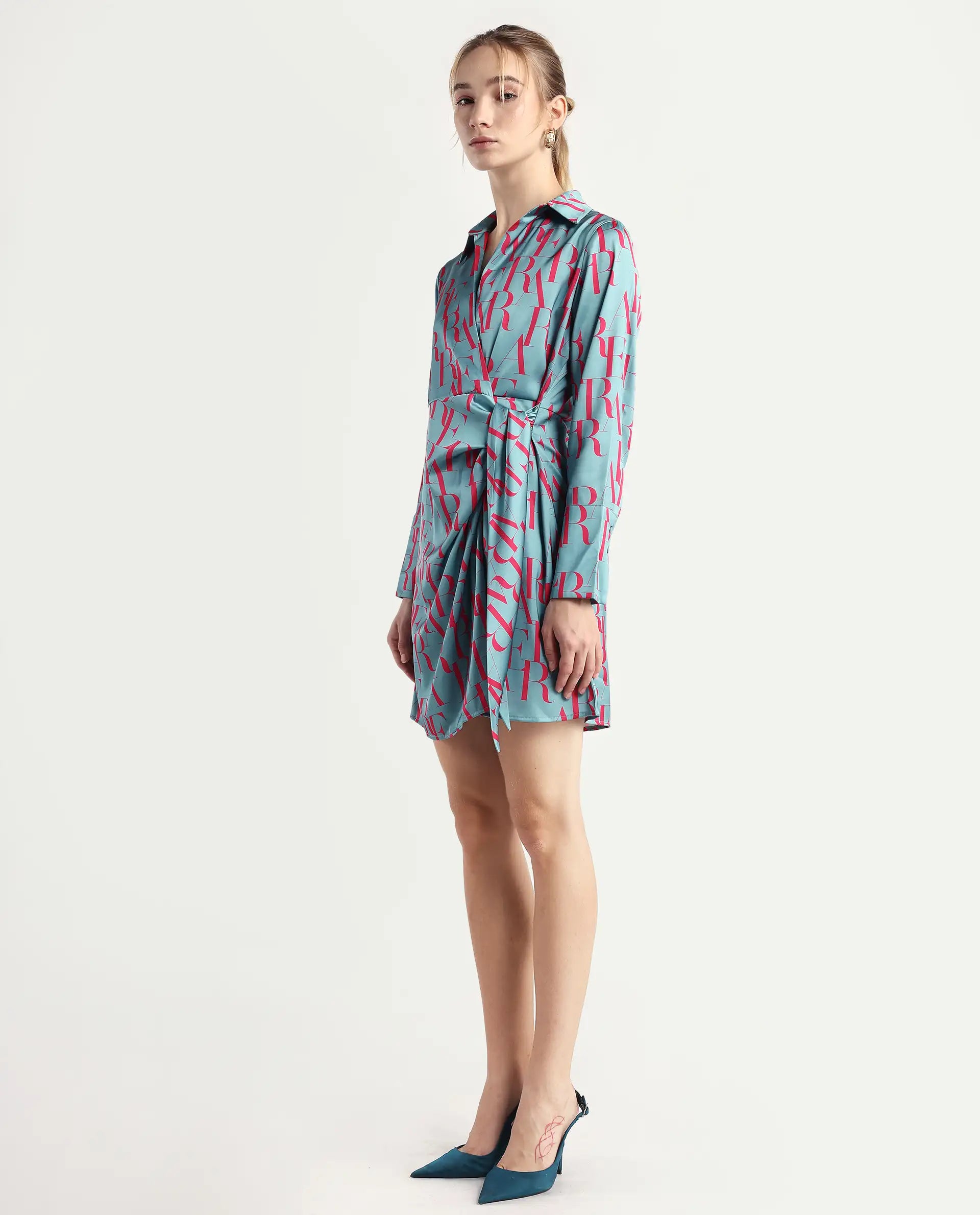 Rareism Women's Utklala Green Polyester Overlap Neck Monogram Print Cuffed Sleeve Mini Wrap Dress