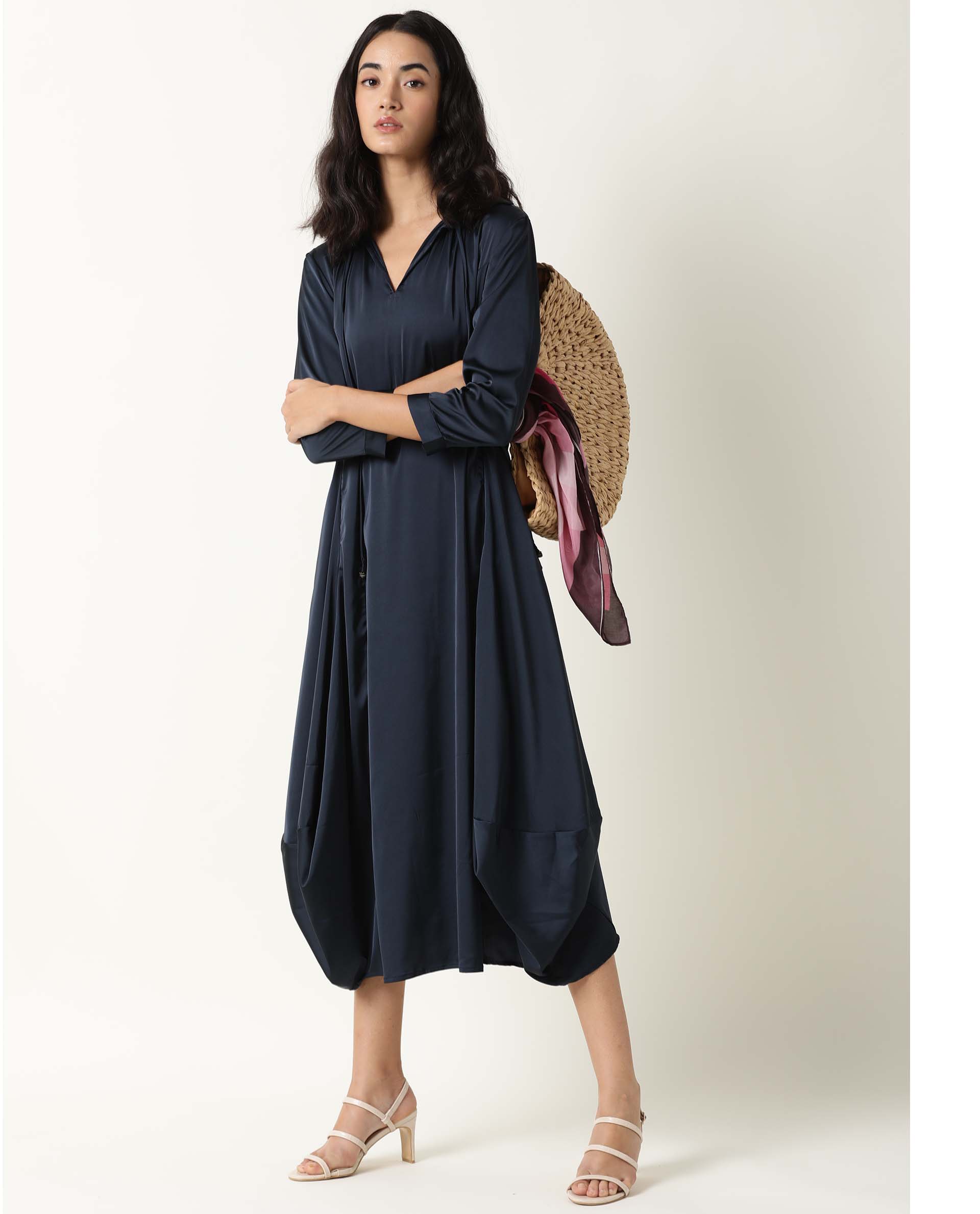 Rareism Womens Drella Navy Dress Modal Lycra Fabric Regular Fit Half Sleeve Lapel Neck