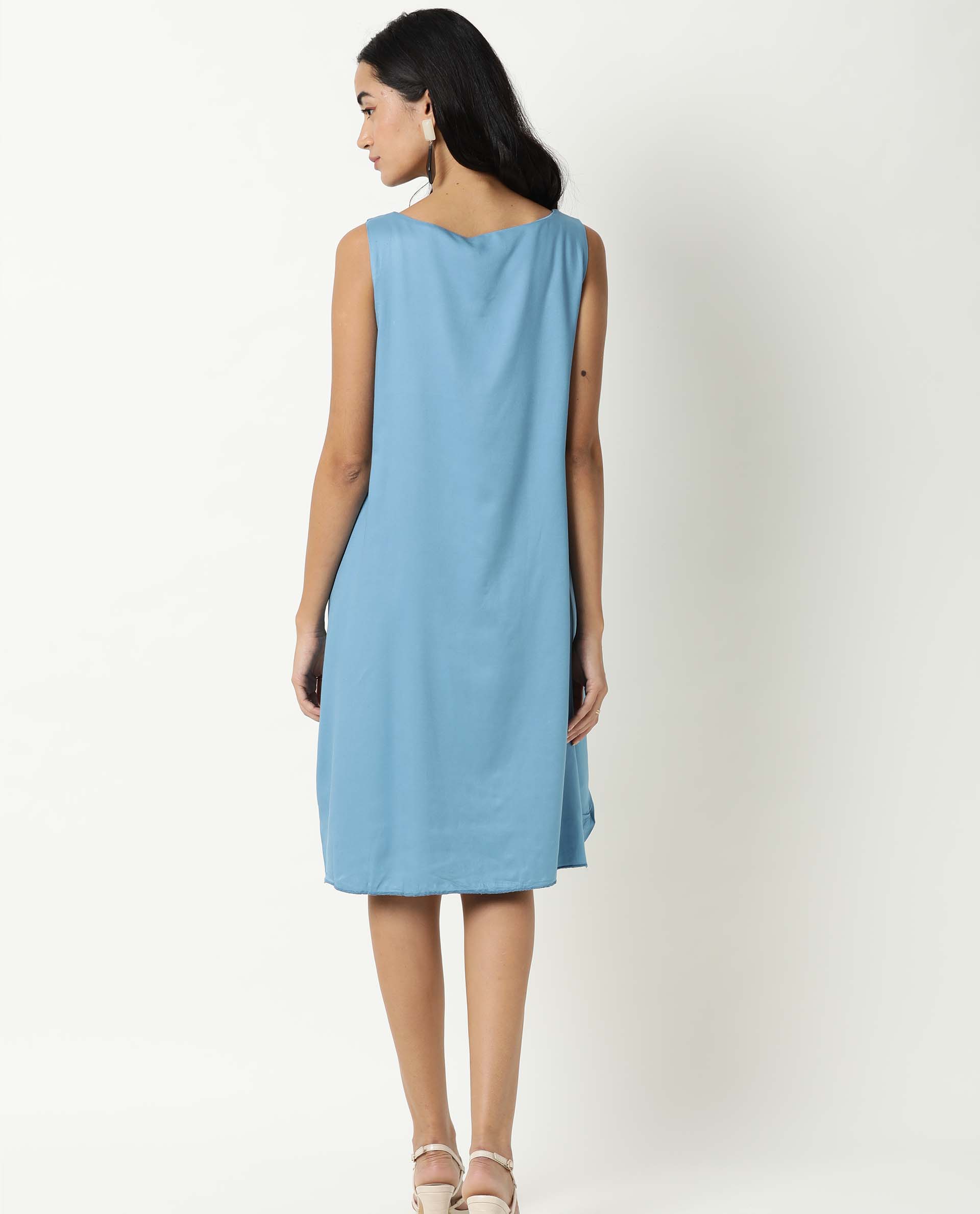 Rareism Women Clenzo Blue Round Neck Sleeveless Wrap Around Panel Mini Dress