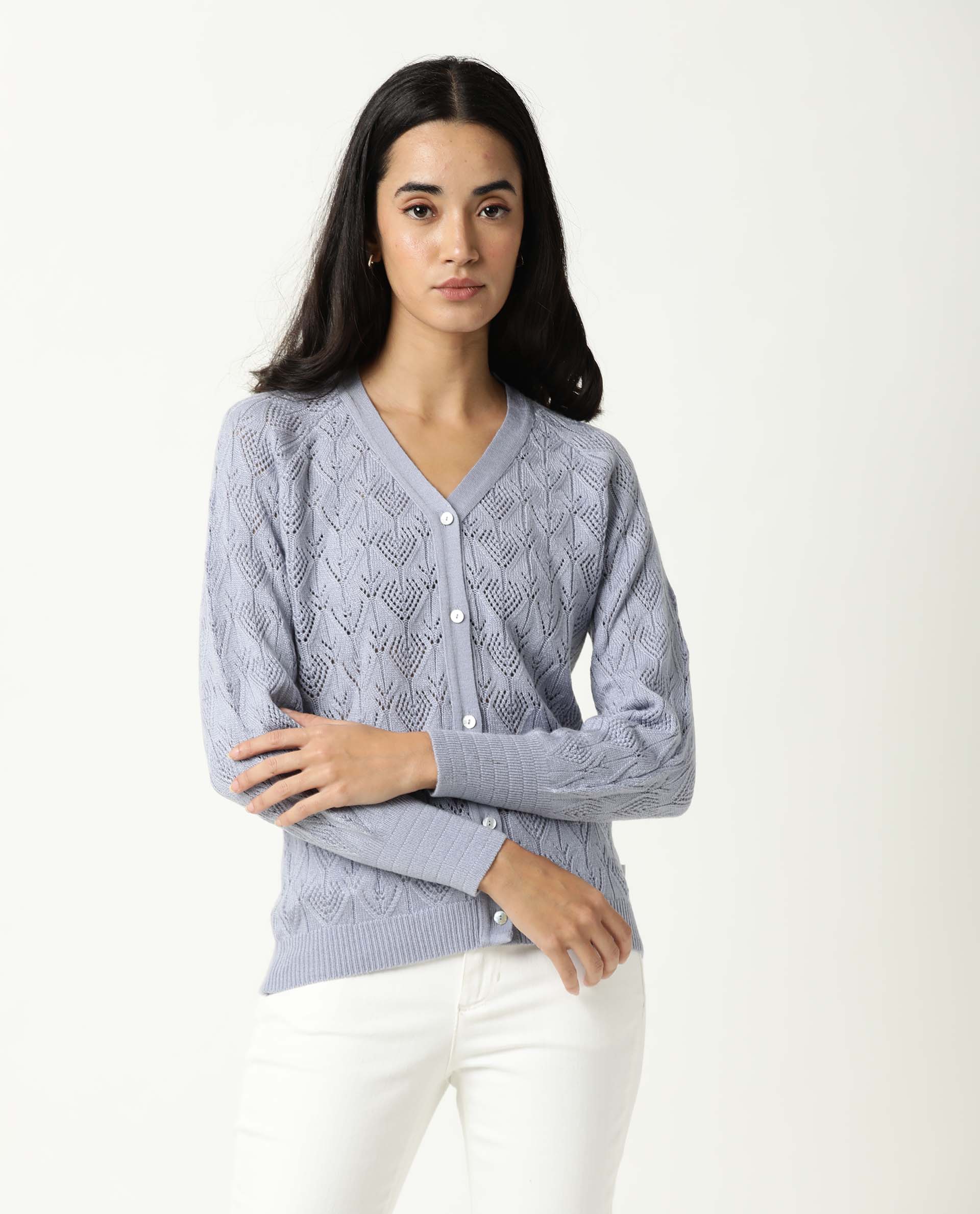 Rareism Women Adorn Purple  Full Sleeves Regular Fit Solid V-Neck Sweater