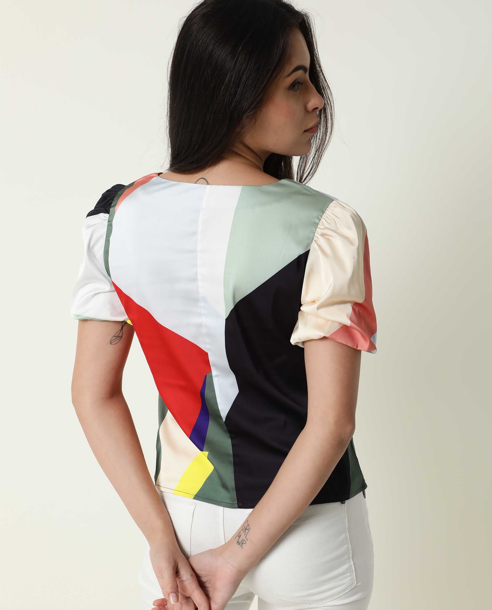 Rareism Women Valve Multi Modal Fabric Relaxed Fit Cropped V-Neck Half Sleeves Abstract Print Top