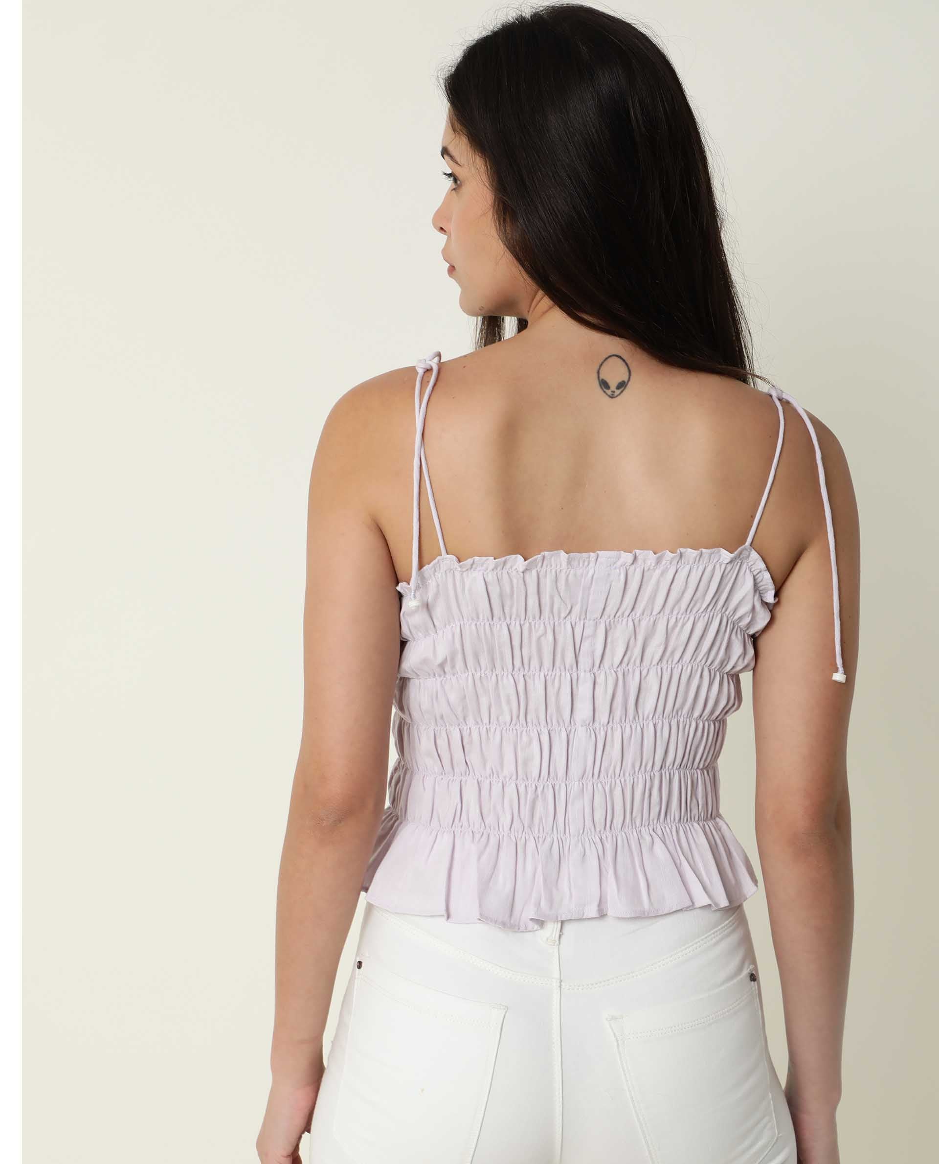 Rareism Womens Mappy Lilac Top Cotton Linen Fabric  Sleeveless Square Neck