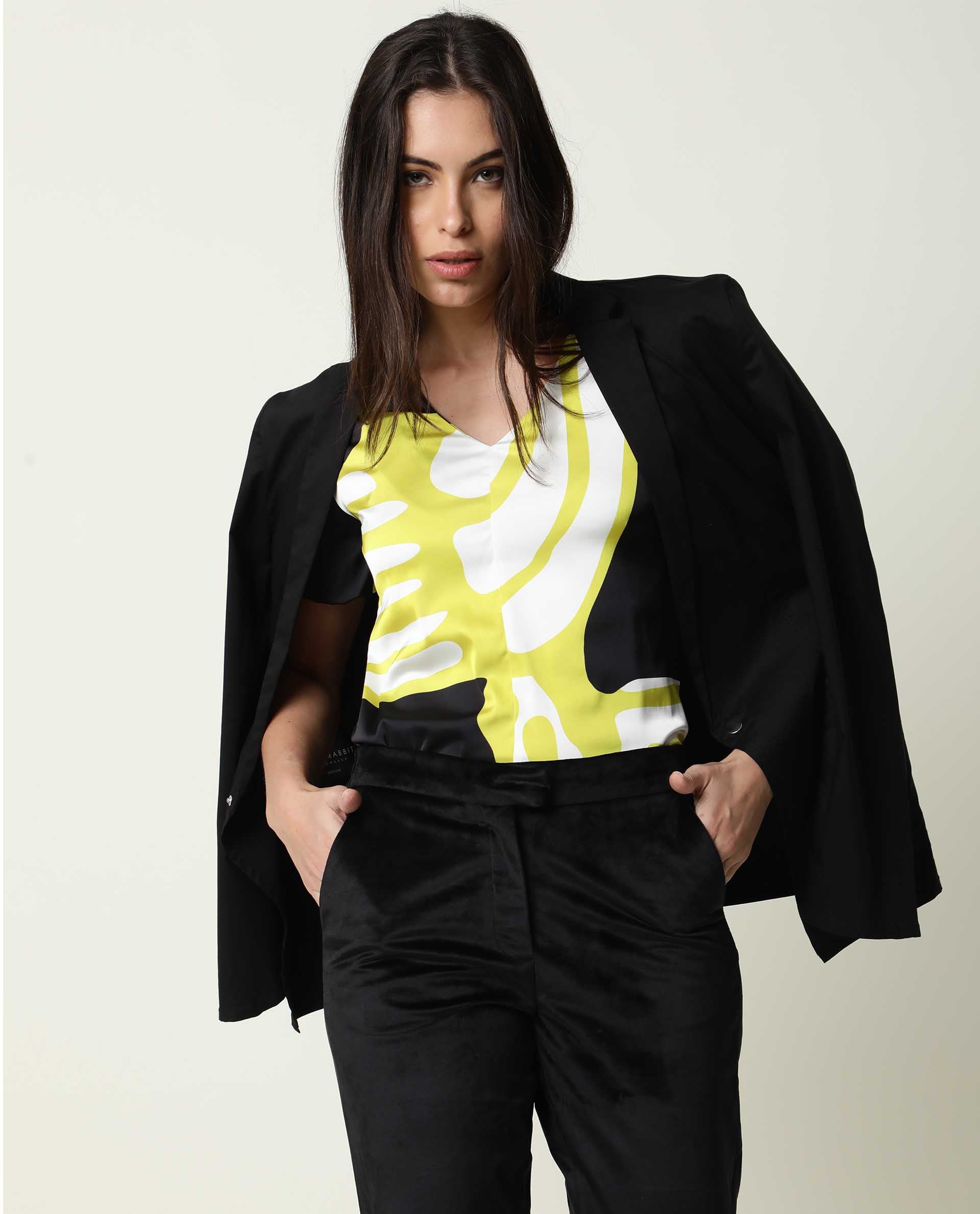 Rareism Womens Jane Black Top Modal Fabric  Full Sleeve V Neck