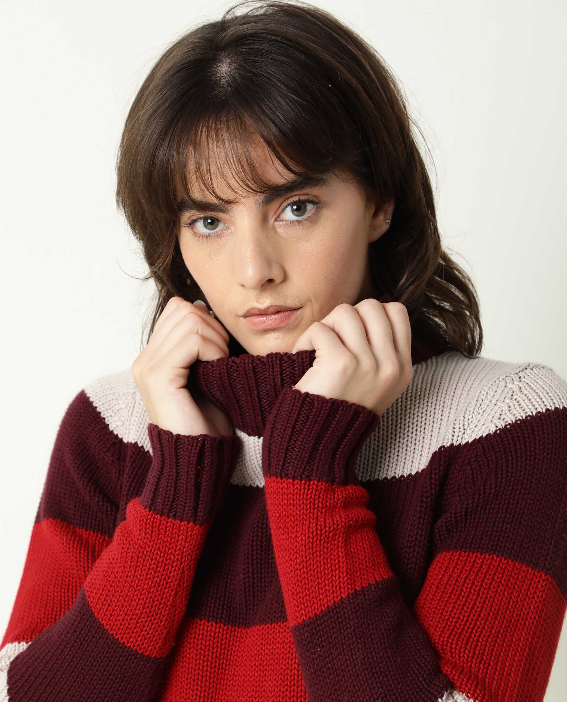 Rareism Women Tony Maroon  Full Sleeves Regular Fit Color Blocked Turtle Neck Sweater
