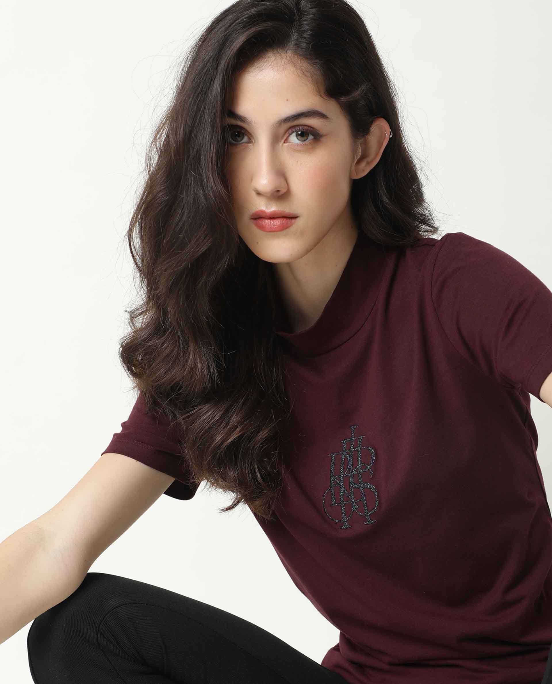 Rareism Women Zolten Maroon Cotton Fabric Regular Fit Half Sleeves Solid Crew Neck T-Shirt