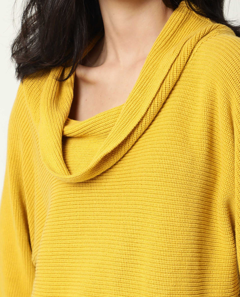 Rareism Women Cleo Mustard  3/4Th Sleeves Relaxed Fit Solid Cowl Neck Sweater