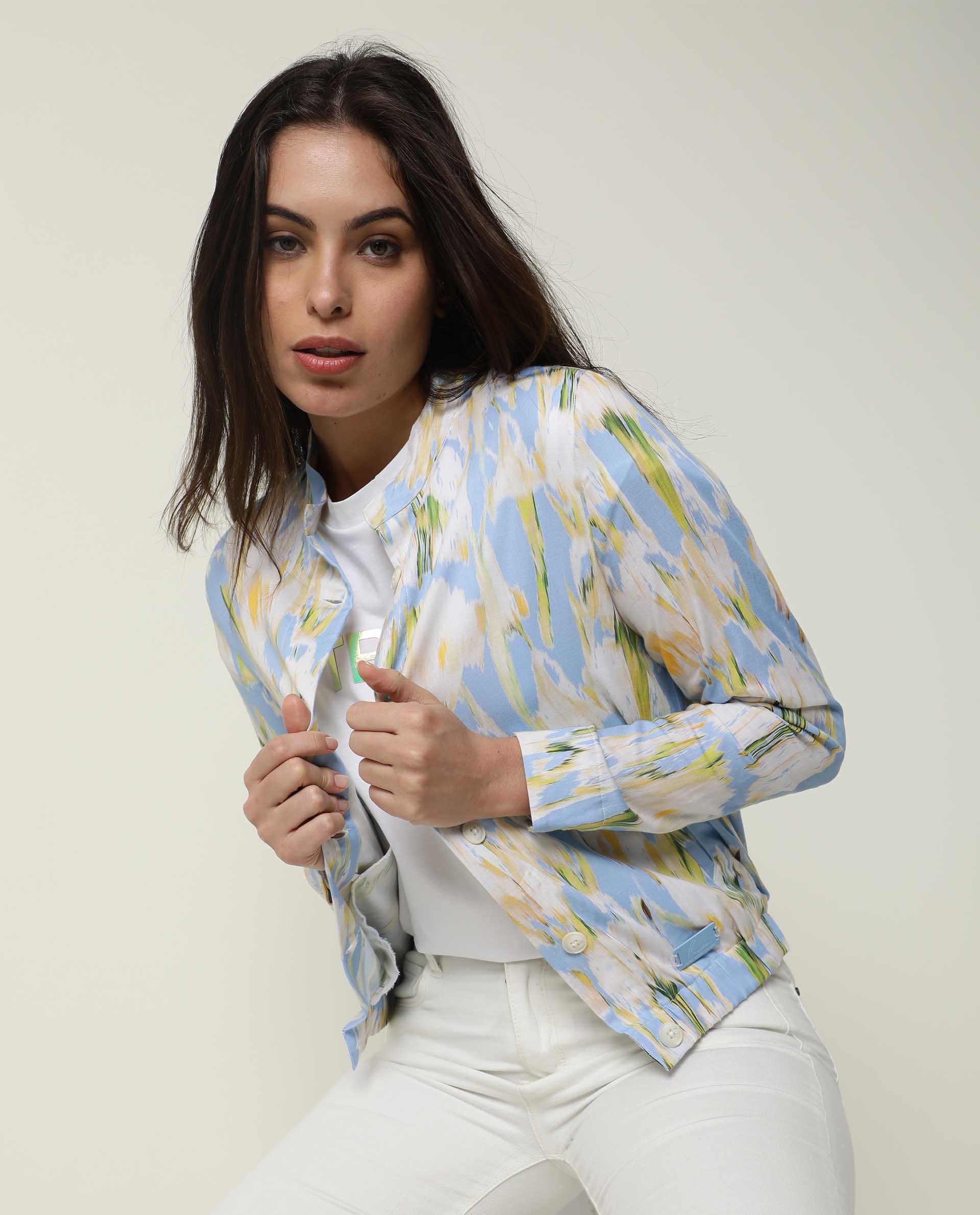 Rareism Women Halt Green Cotton Fabric Full Sleeves Abstract Print High Neck Jacket