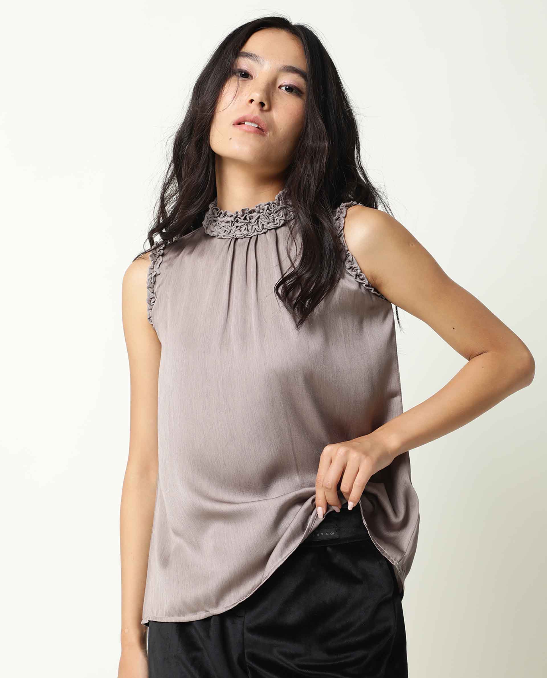 Rareism Womens Baileys Beige Top Polyester Fabric  Sleeveless Ruffled Neck