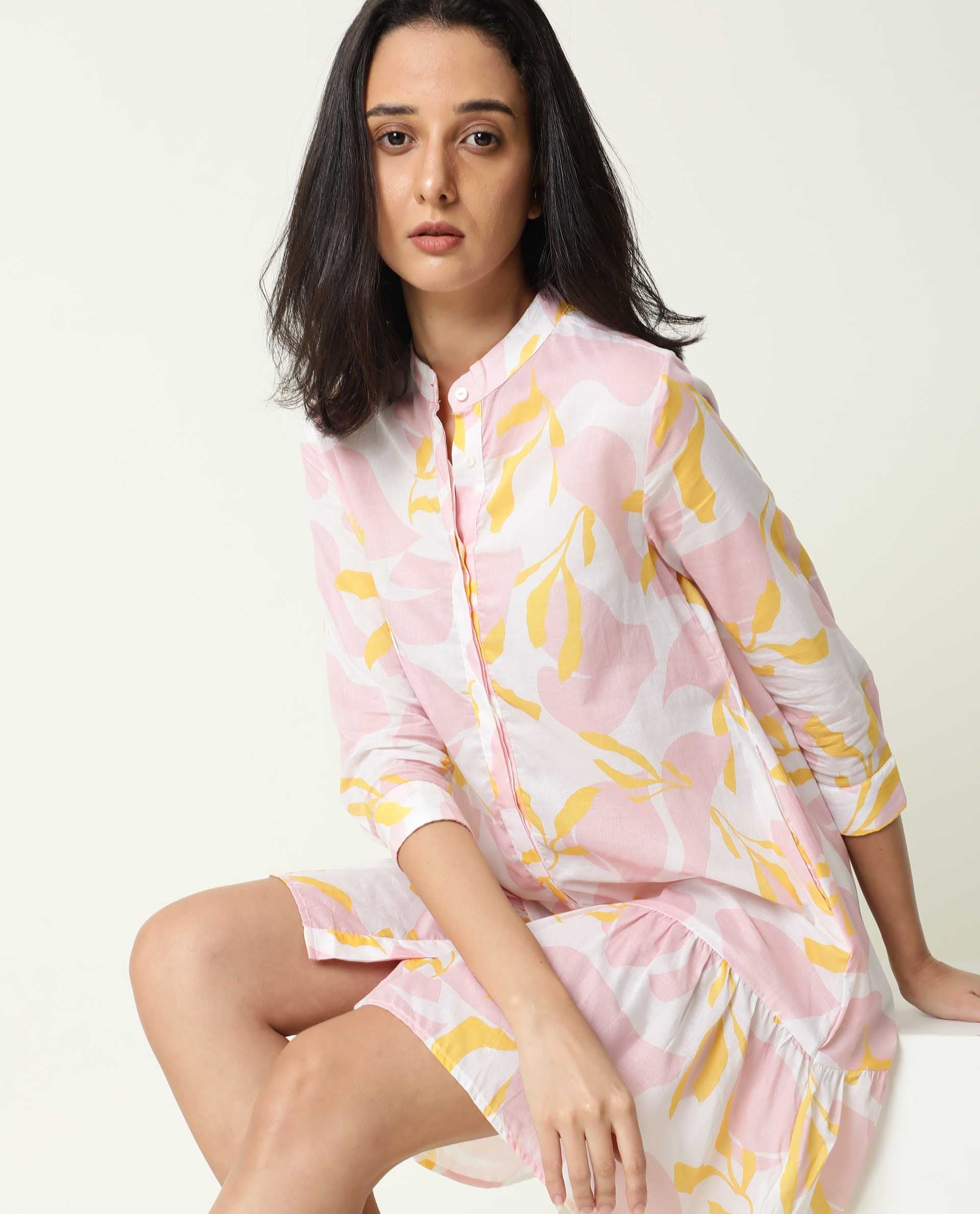 Rareism Women Champ Pink Abstract Print High Neck 3/4 Sleeves Front Full Button Closure Placket Mini Dress