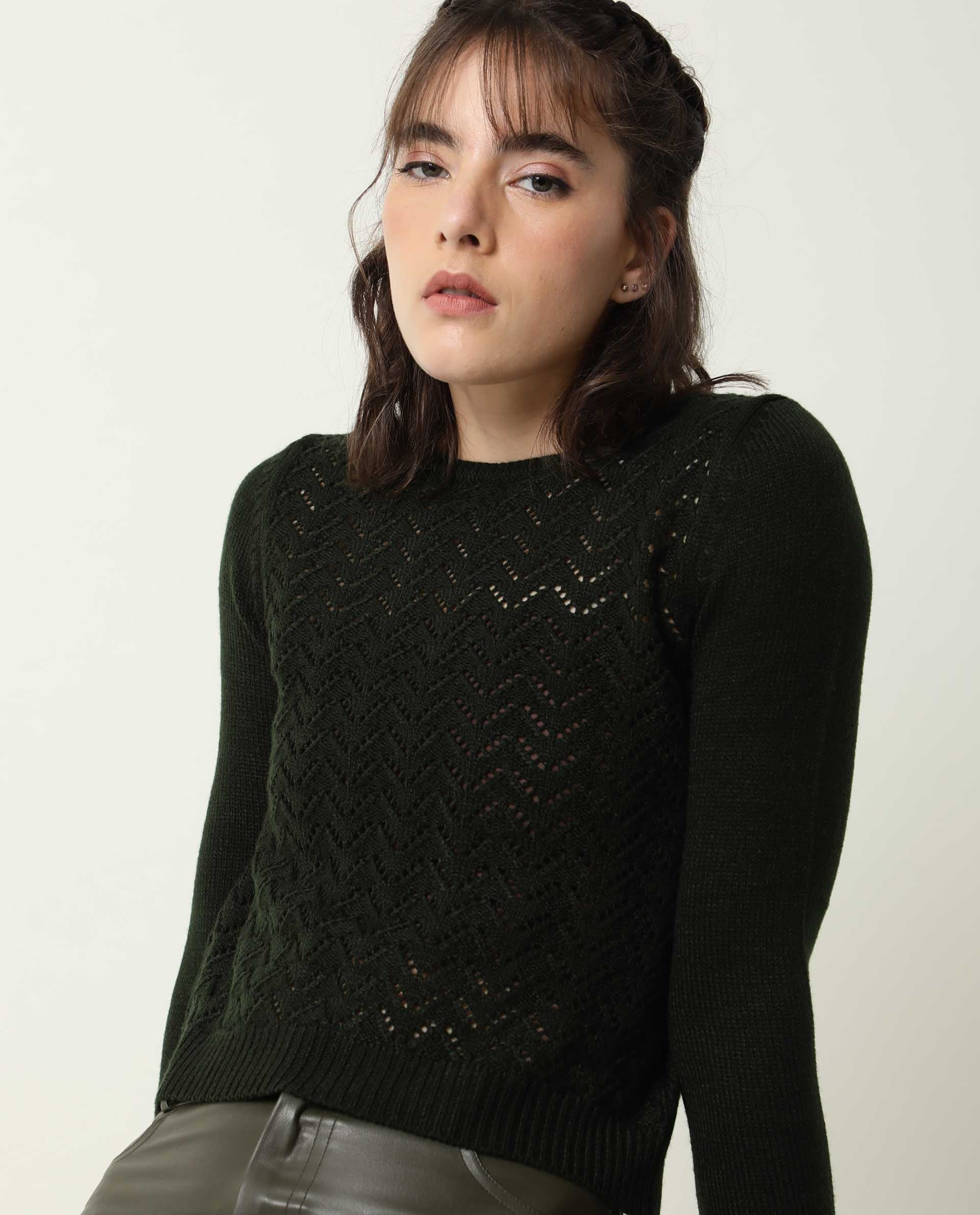 Rareism Women's Sami Olive Acrylic Crew Neck Plain Slim Fit Sweater