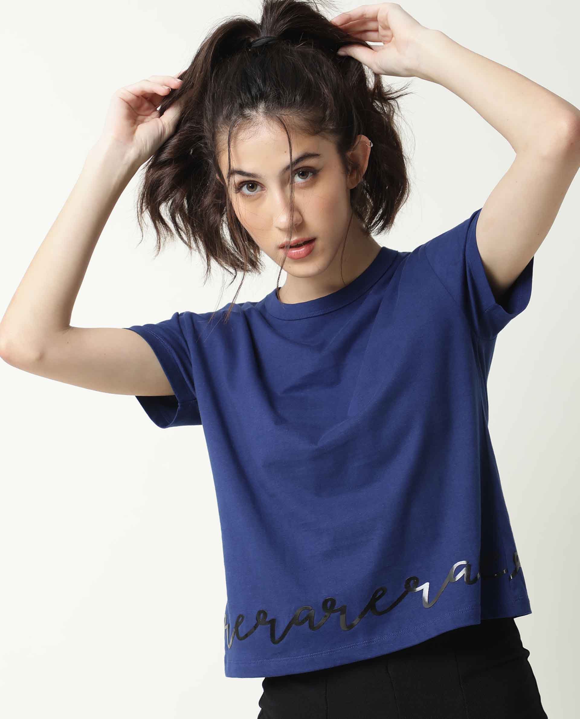 Rareism Women Ruthi Navy Cotton Fabric Regular Fit Half Sleeves Graphic Print Crew Neck T-Shirt