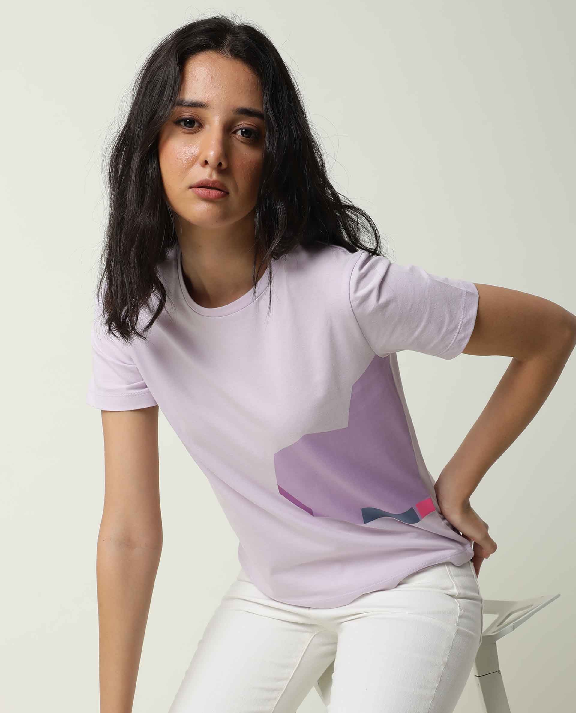 Rareism Women Jeweli Light Pink Cotton Fabric Regular Fit Half Sleeves Graphic Print Crew Neck T-Shirt