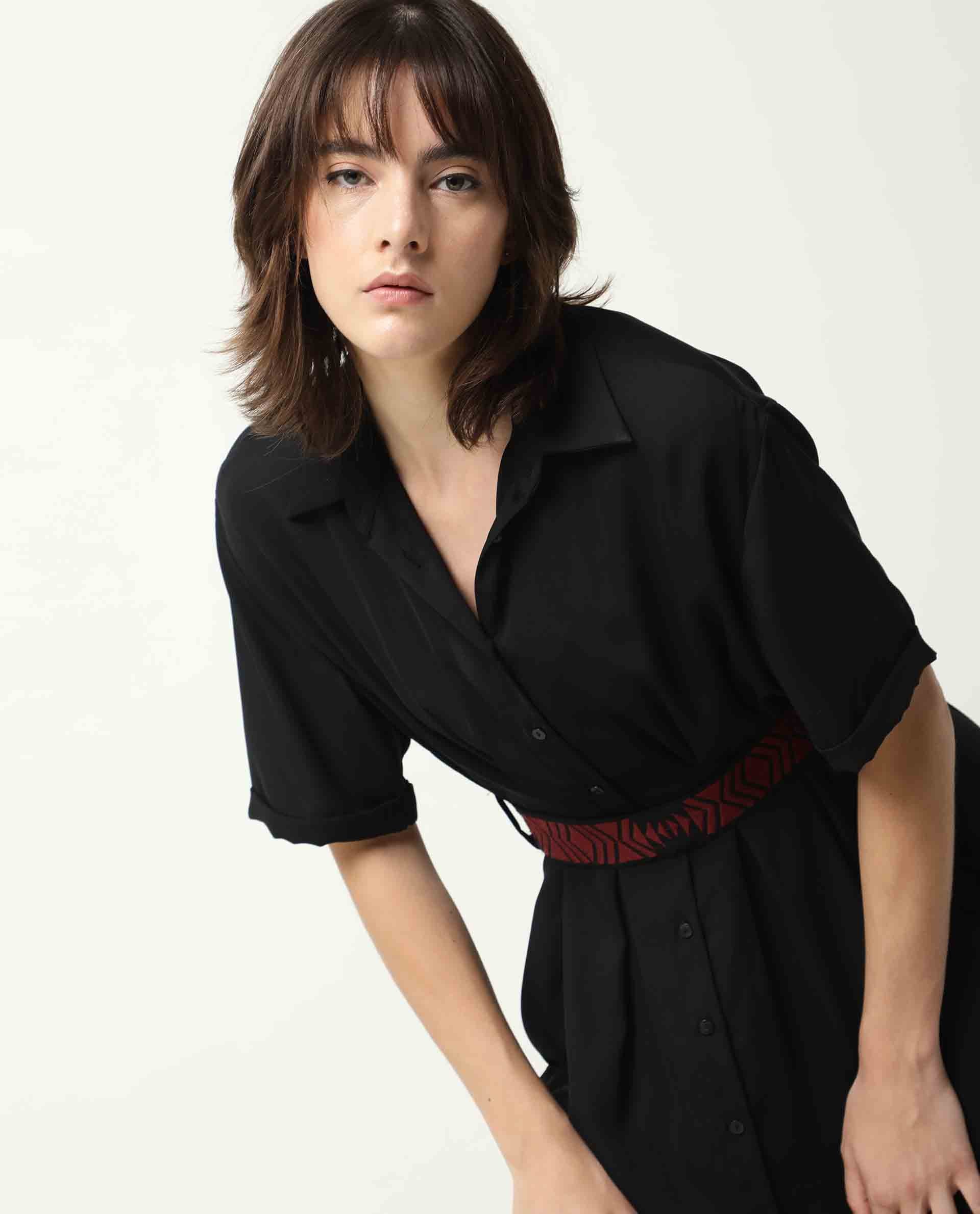 Rareism Women's Shroff Black Polyester Spread Collar Plain Midi Relaxed Fit Dress