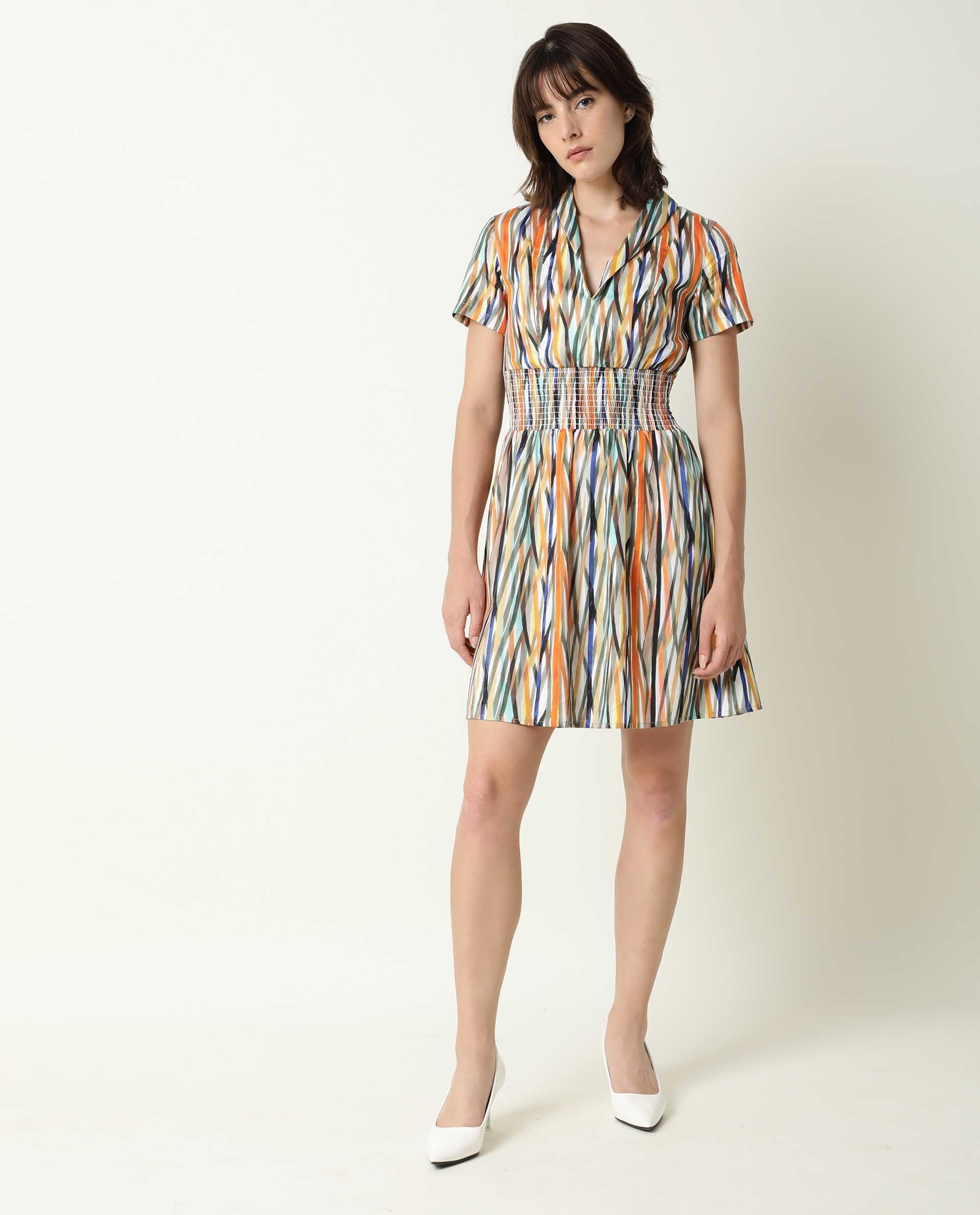 Rareism Women's Shallom Multi V-Neck Abstract Print Knee Length Regular Fit Dress