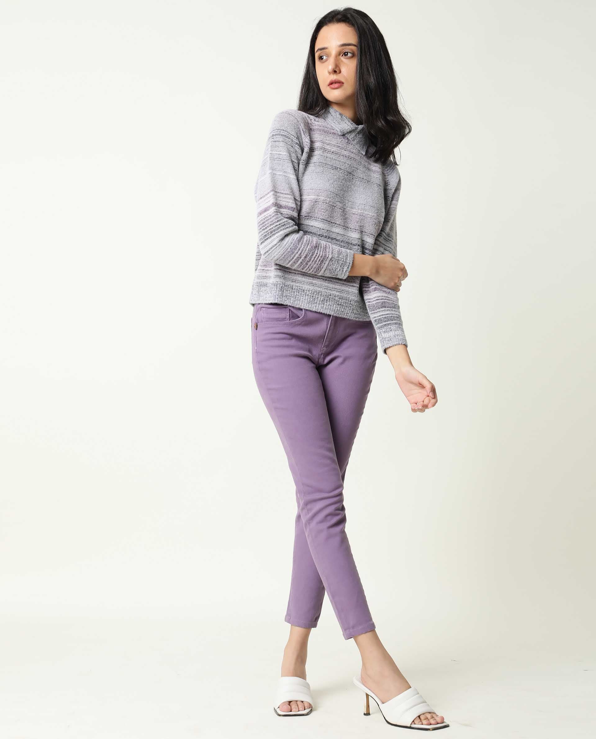 Rareism Women's Rosalva Grey Nylon High Neck Ombre Knee Length Regular Fit Sweater