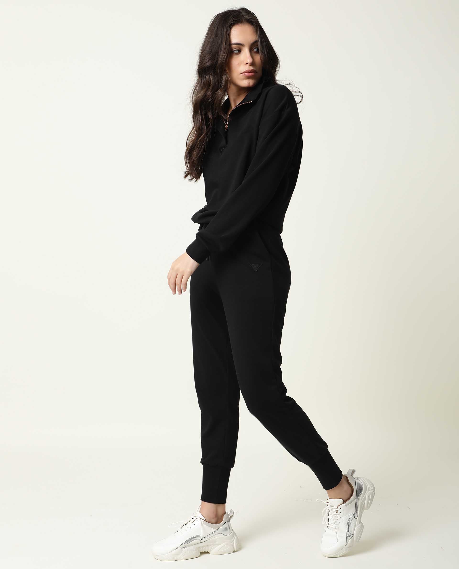 Rareism Women Simp-1 Black Poly Cotton Fabric Regular Fit Solid Mid Rise Ankle Length Track Pant