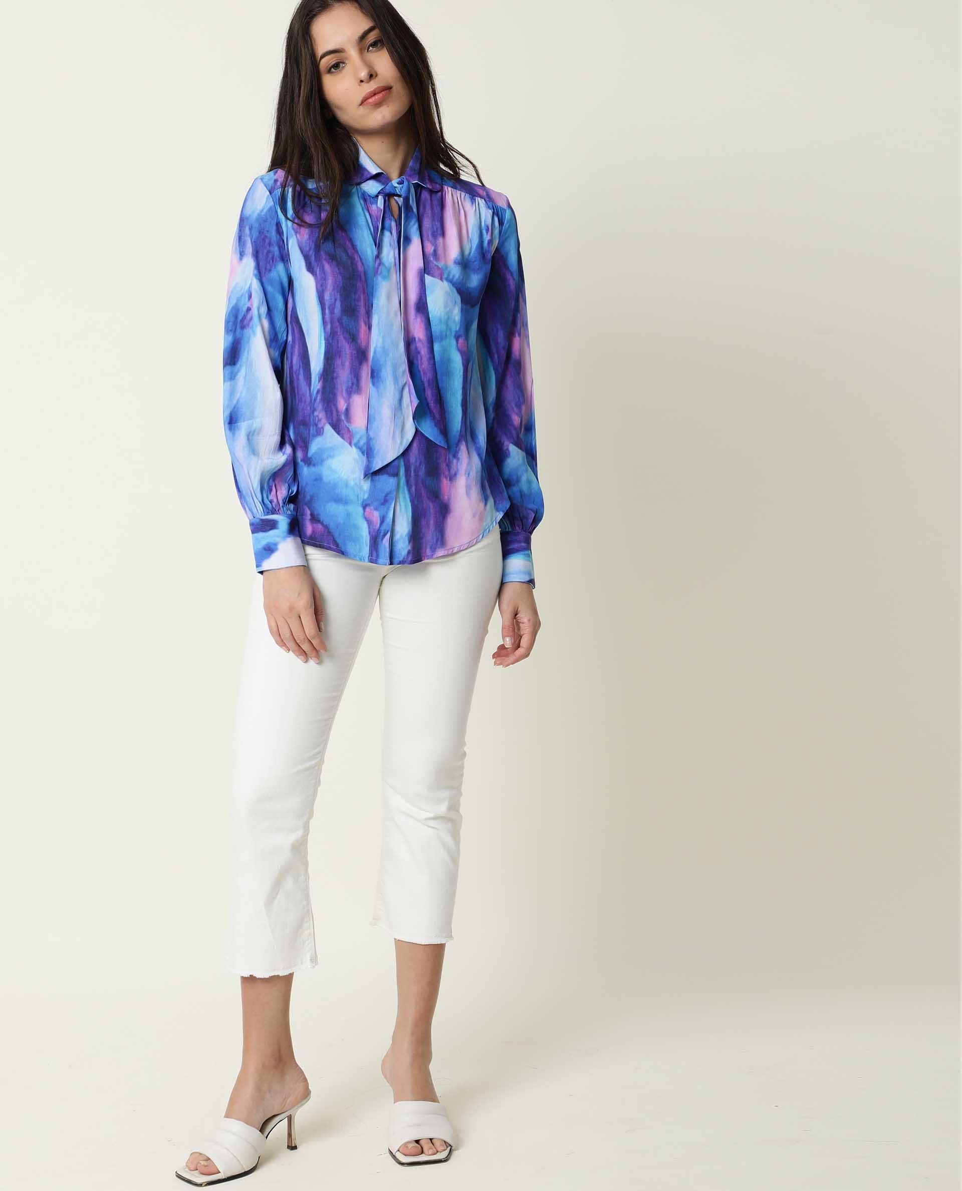 Rareism Womens Denvor Multi Top Poly Viscose Fabric Loose Fit Balloon Sleeve Collared Neck