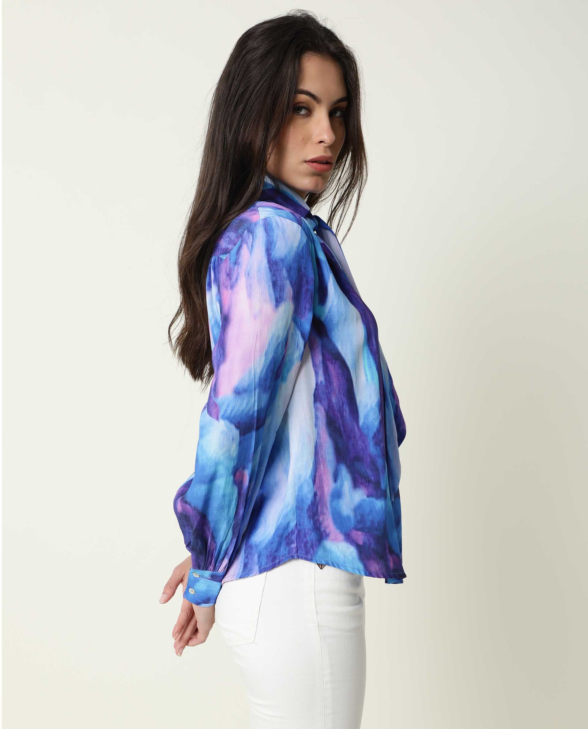 Rareism Womens Denvor Multi Top Poly Viscose Fabric Loose Fit Balloon Sleeve Collared Neck