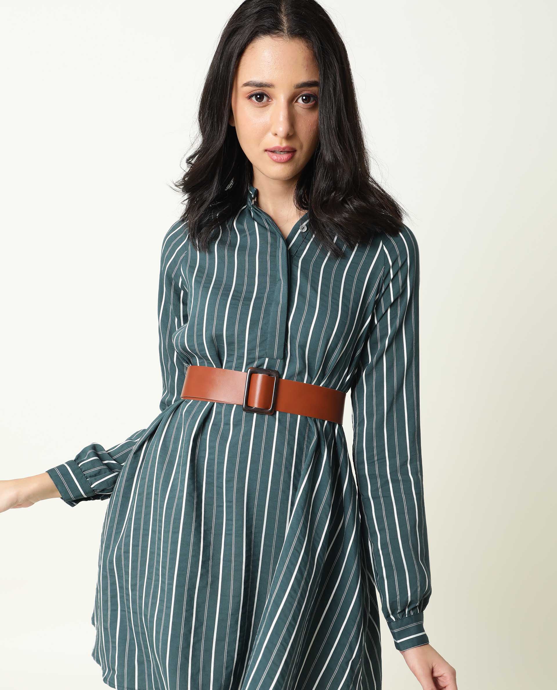 Rareism Womens Maltisse Green Dress Viscose Nylone Fabric Relaxed Fit Full Sleeve Collared Neck