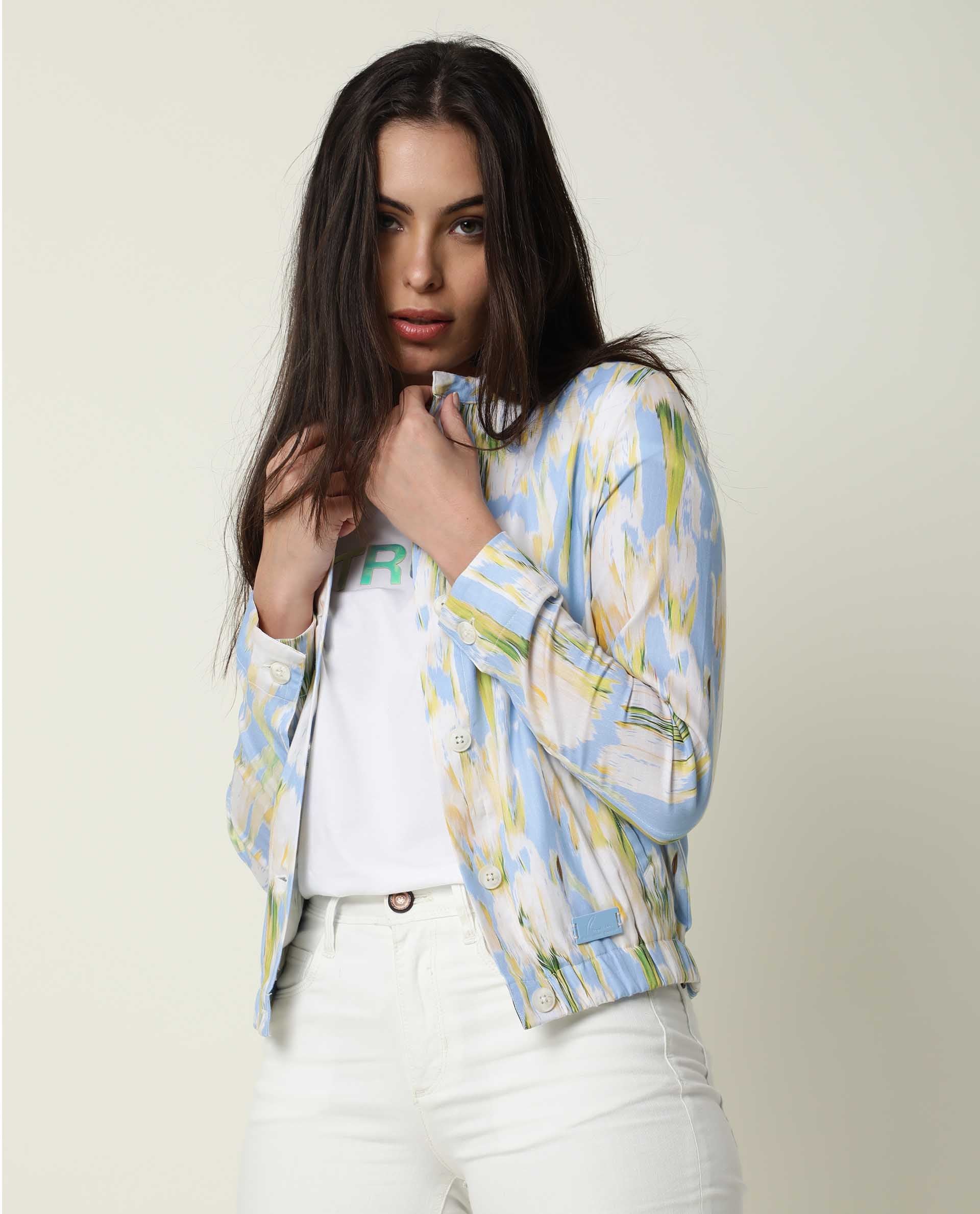 Rareism Women Halt Green Cotton Fabric Full Sleeves Abstract Print High Neck Jacket